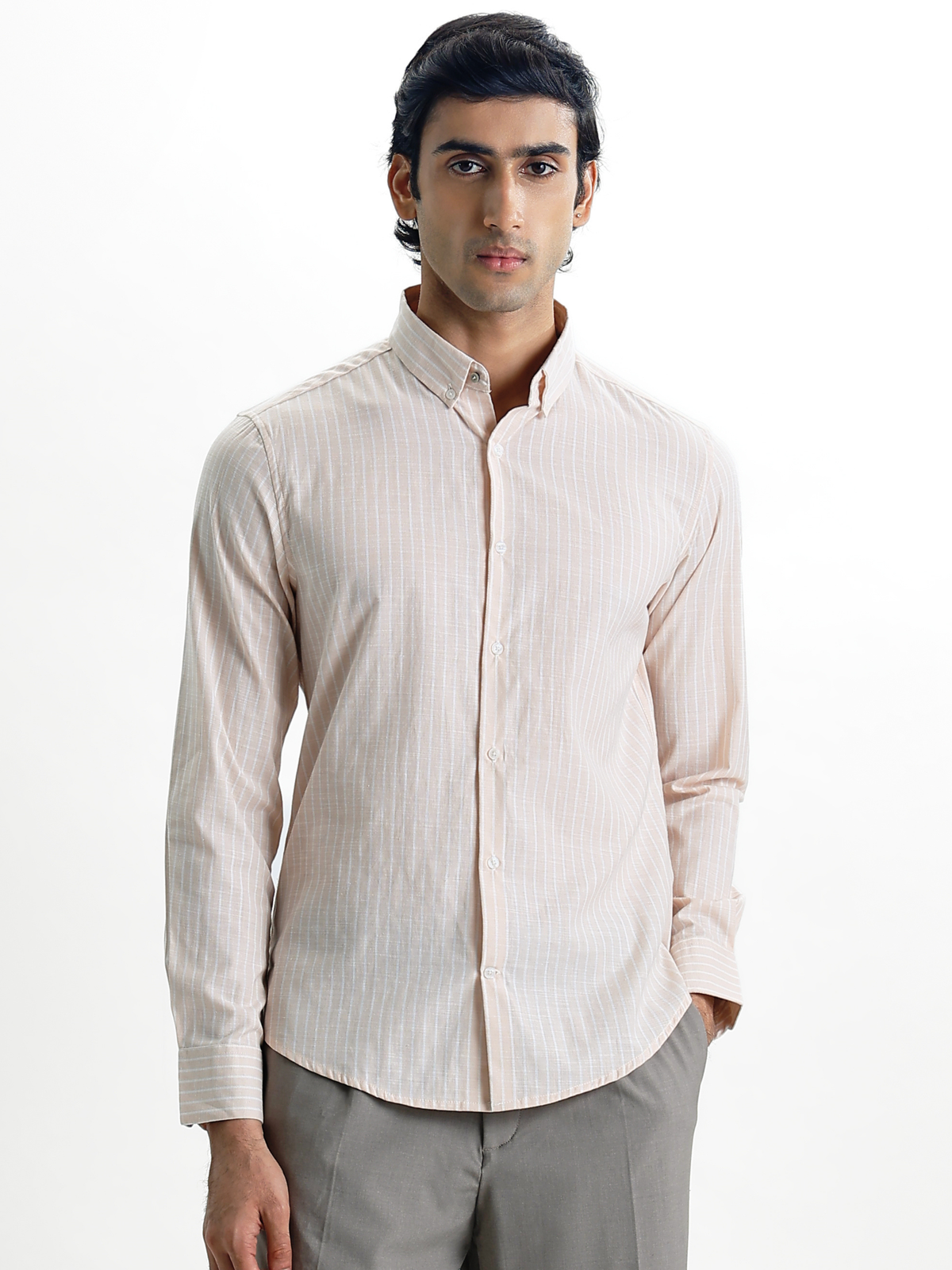 Evor- Peach Regular Fit Striped Linen Shirt