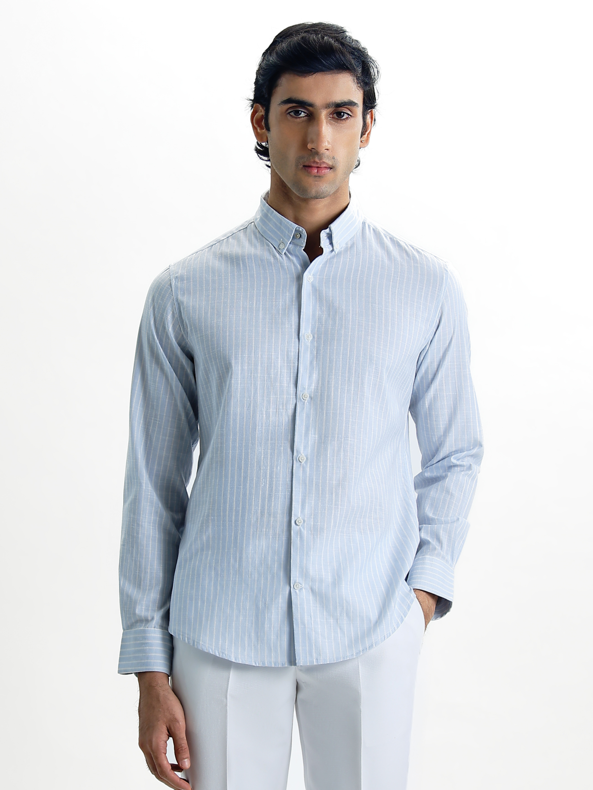 Evor- Light Blue Regular Fit Striped Linen Shirt