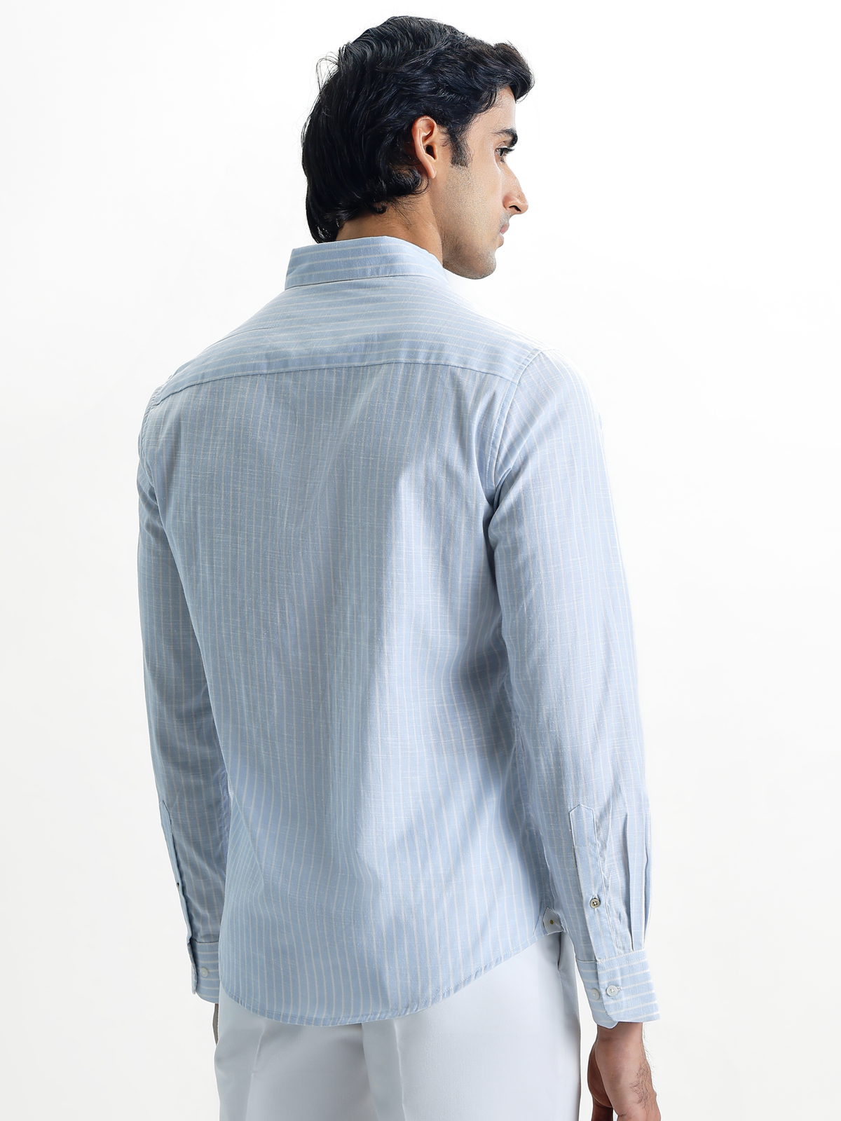 Evor- Light Blue Regular Fit Striped Linen Shirt