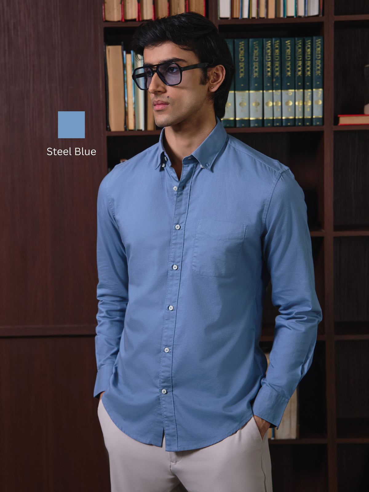 AUXOR-Steel Blue Regular Fit Oxford Cotton Shirt