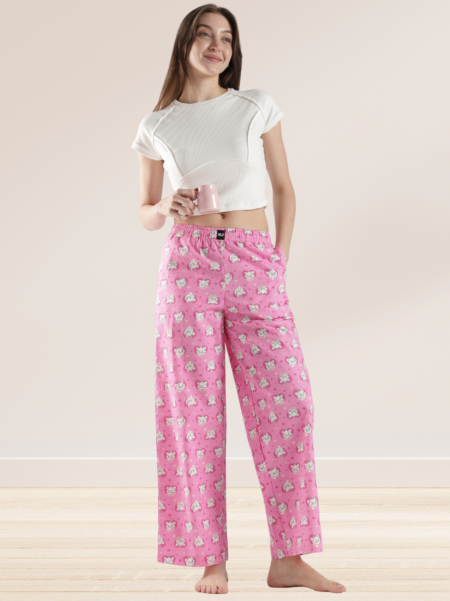 Women's Pink All-Over Cat Print Wide Leg Pyjamas