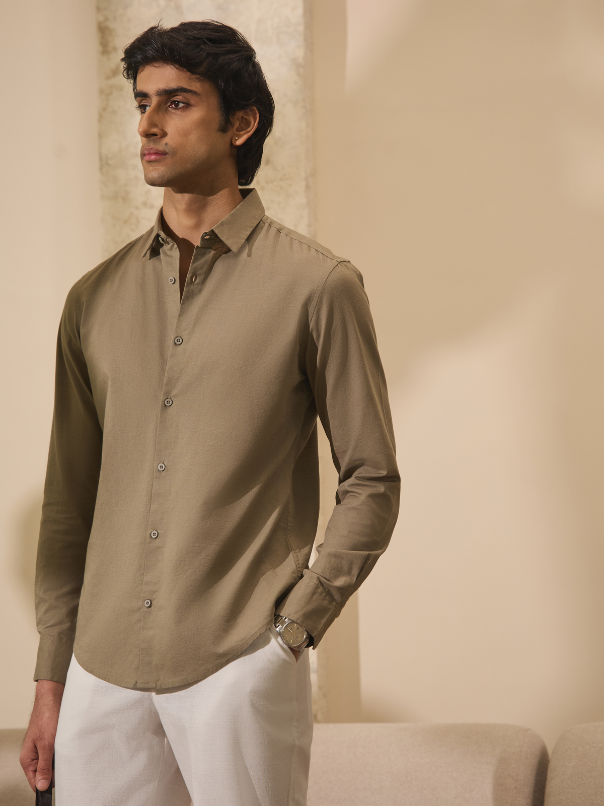 Arlo- Beige Regular Fit Solid Linen Shirt