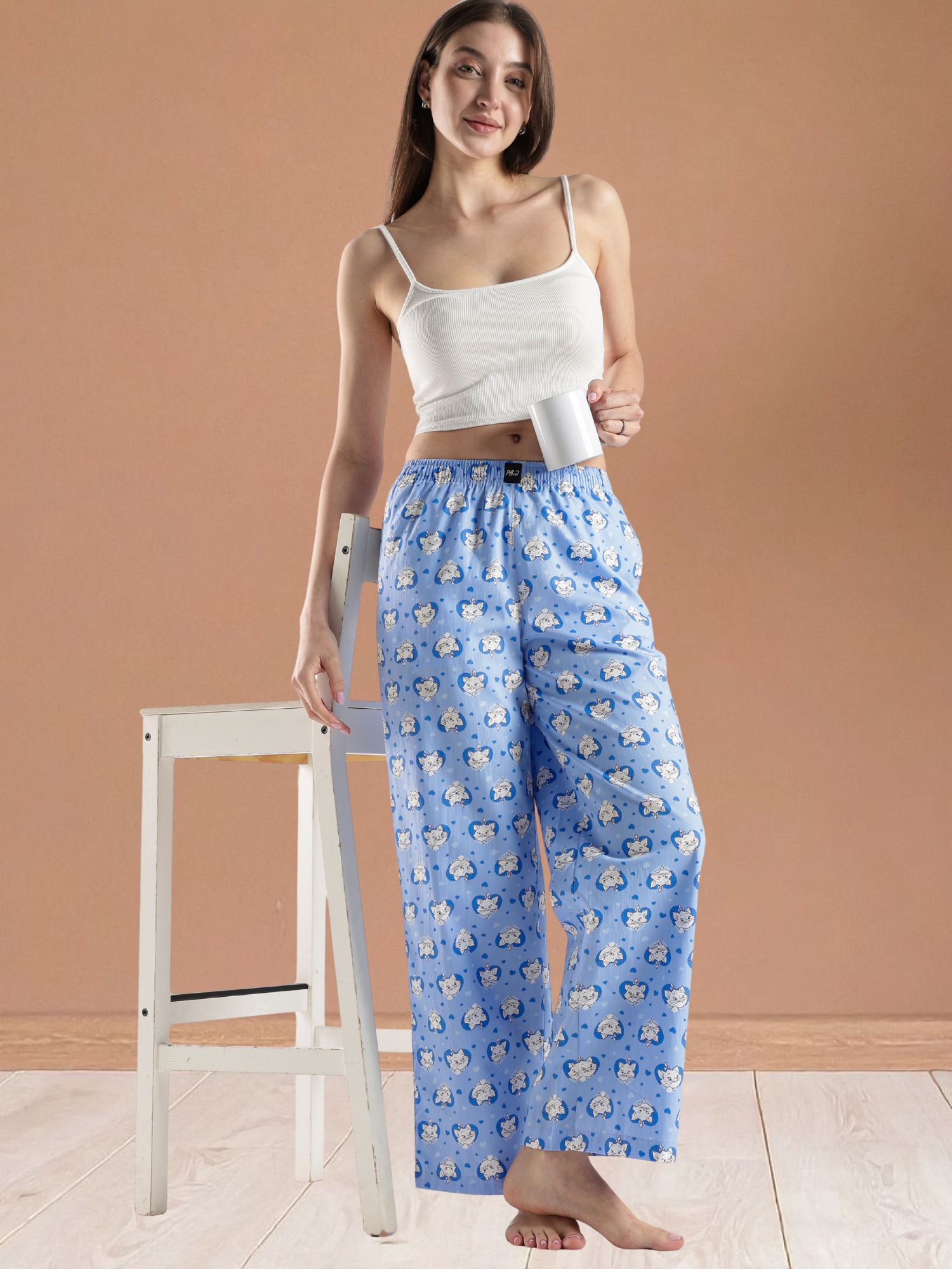 Women's Blue All-Over Cat Print Wide Leg Pyjamas
