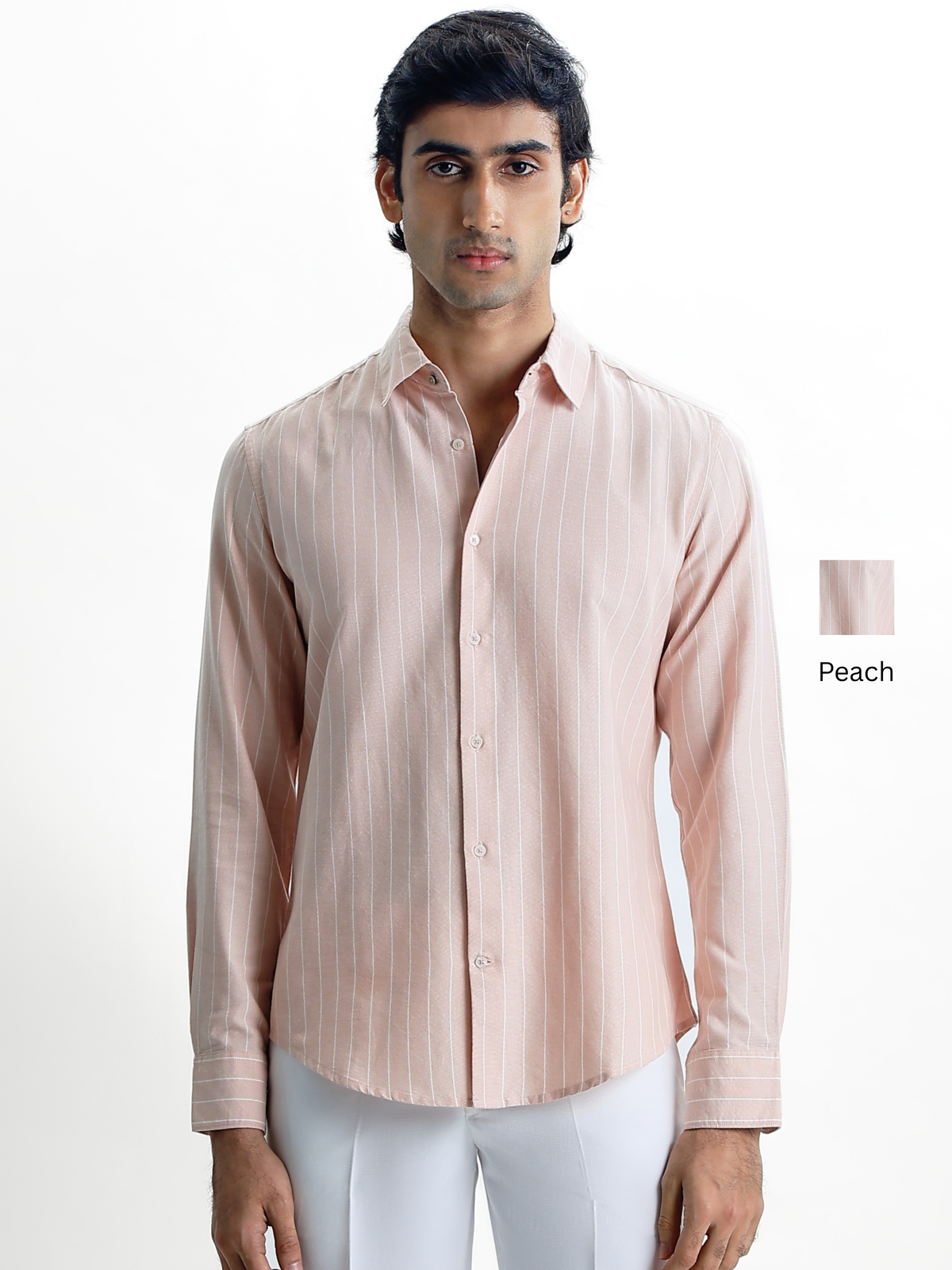 LEONARD-Peach Striped Regular Fit Cotton Shirt