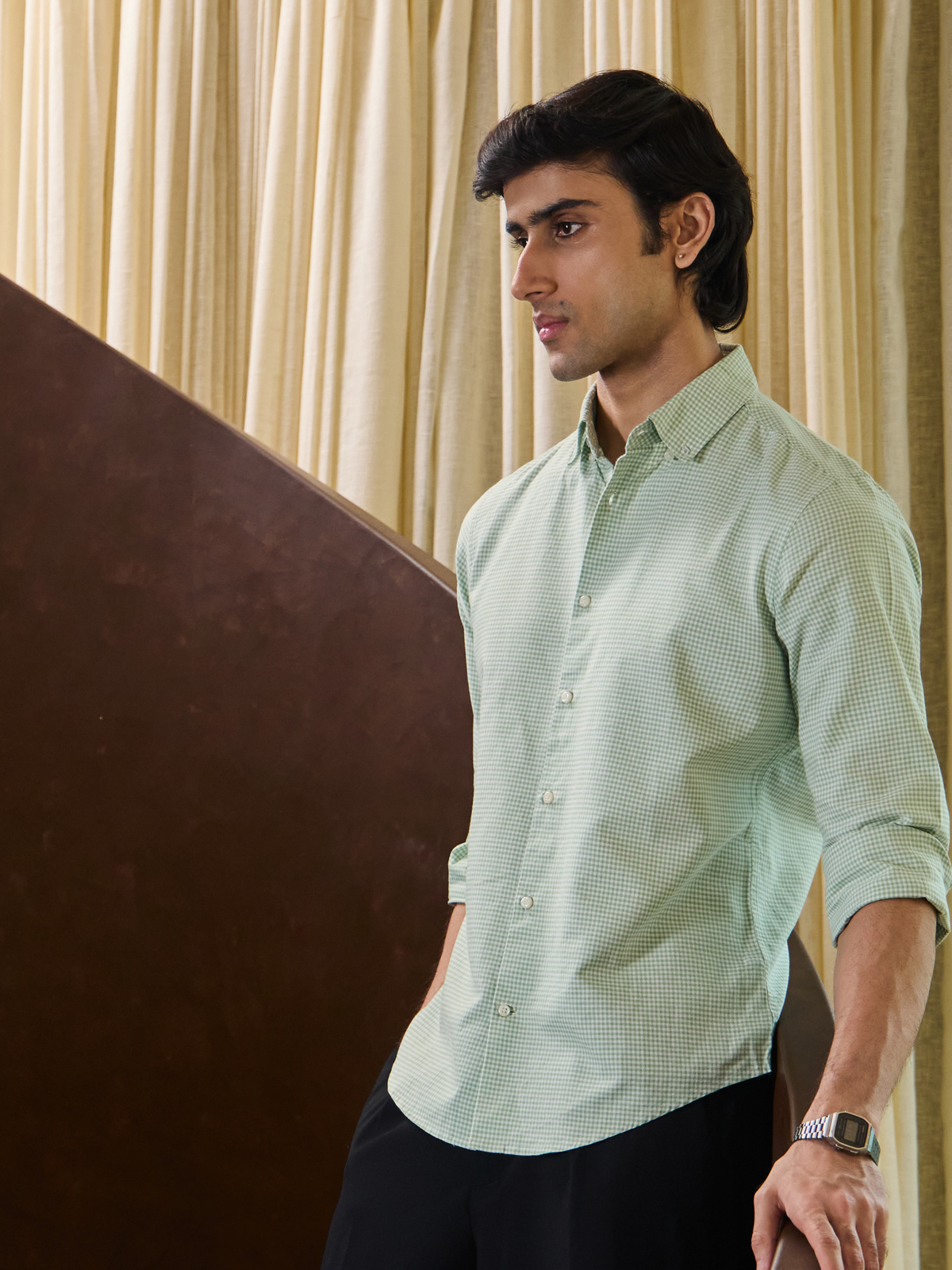 EVARIST- Green Regular Fit Gingham Checks Cotton Shirt