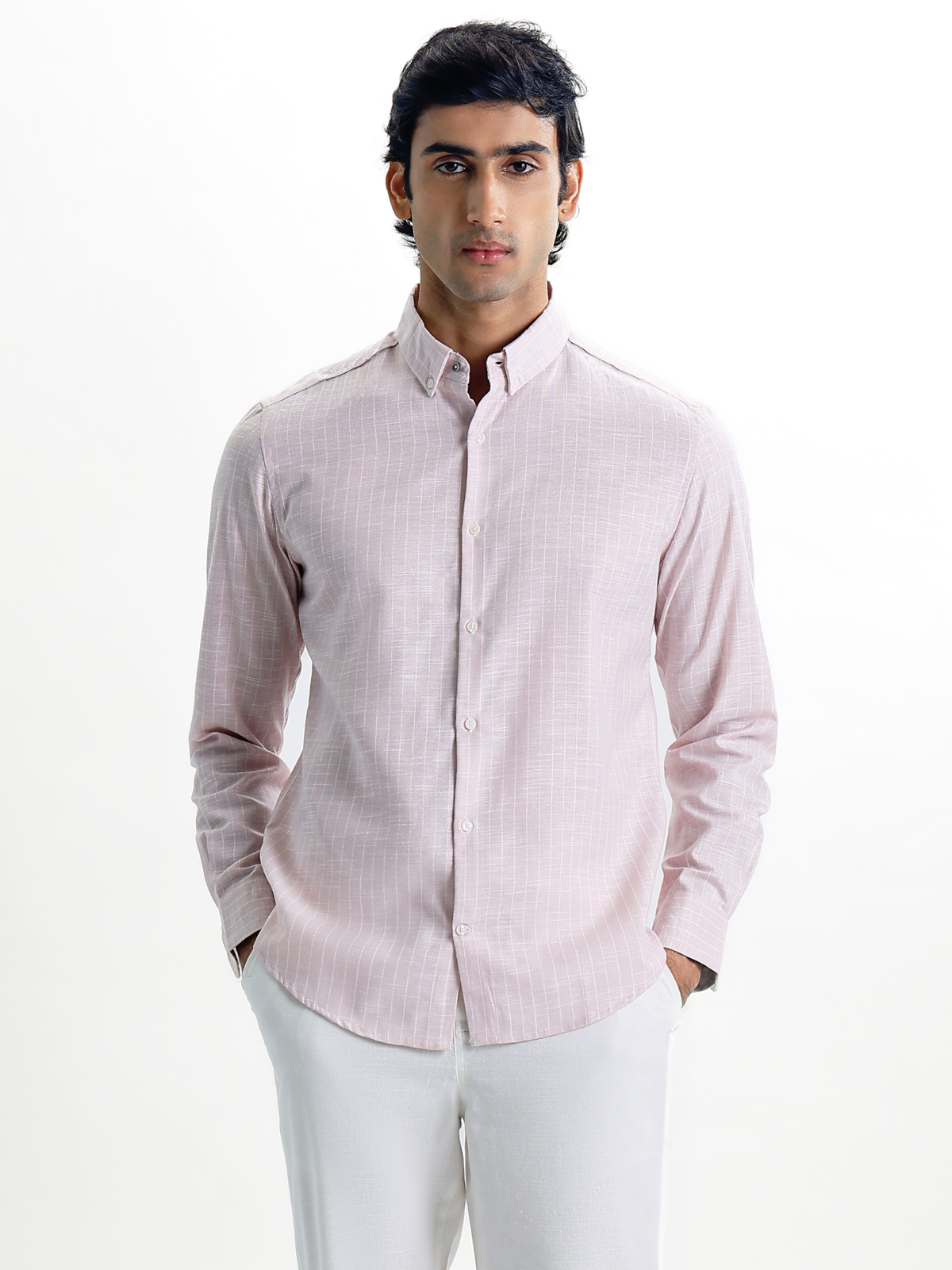 Milo-Pink Regular Fit Striped Linen Shirt