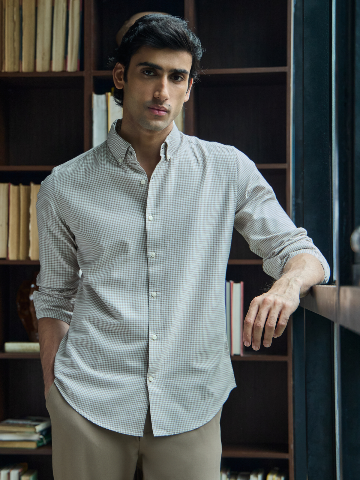 EVARIST- Beige Regular Fit Gingham Checks Cotton Shirt