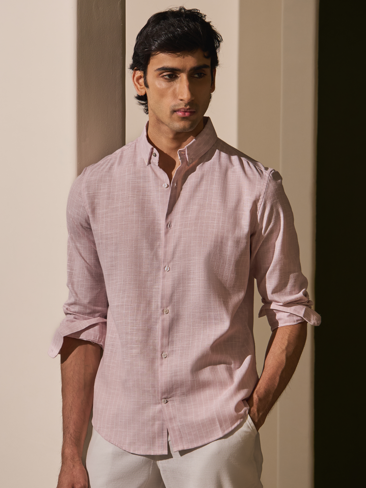 Milo-Pink Regular Fit Striped Linen Shirt