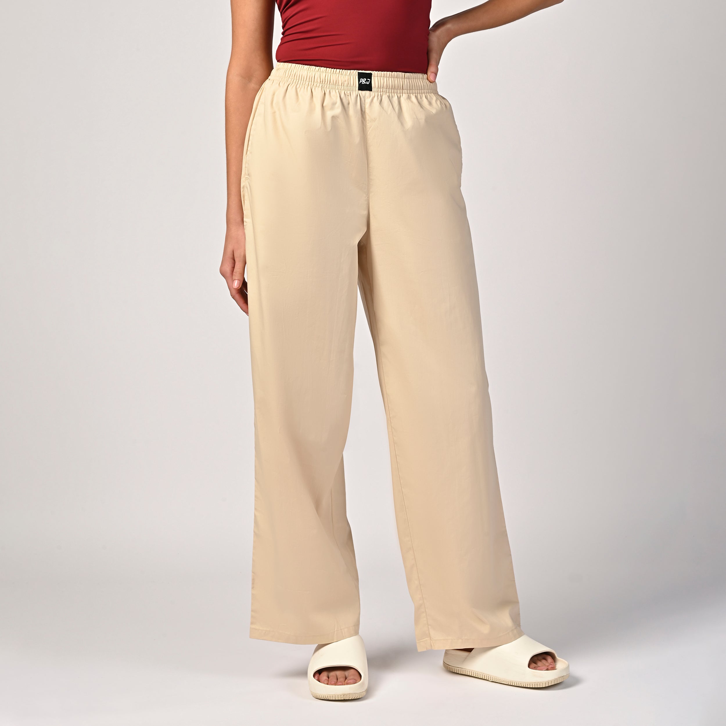 Women's Beige Wide Leg Pyjama Pants