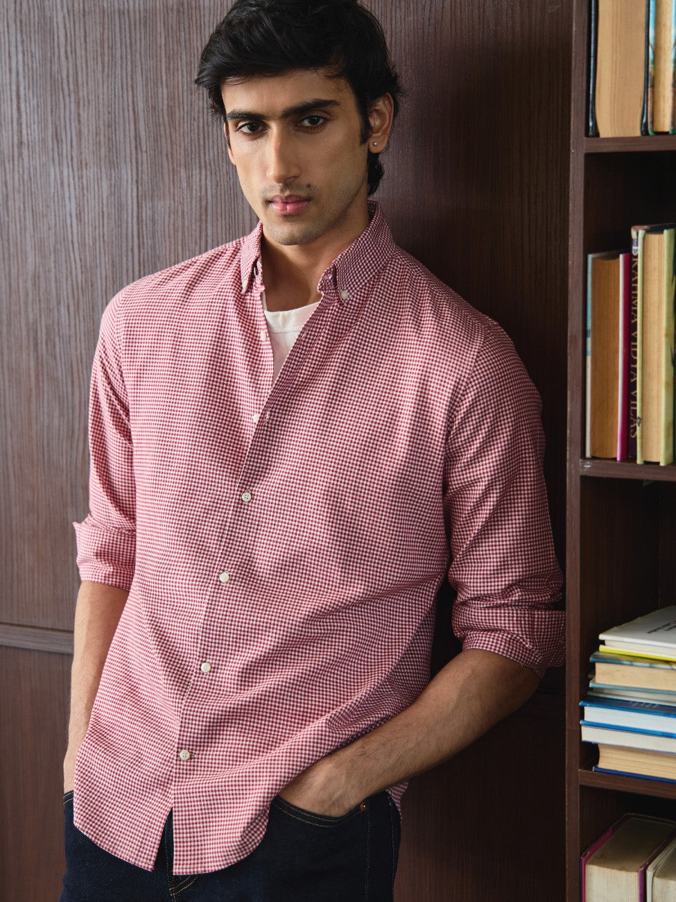 EVARIST- Red Regular Fit Gingham Checks Cotton Shirt