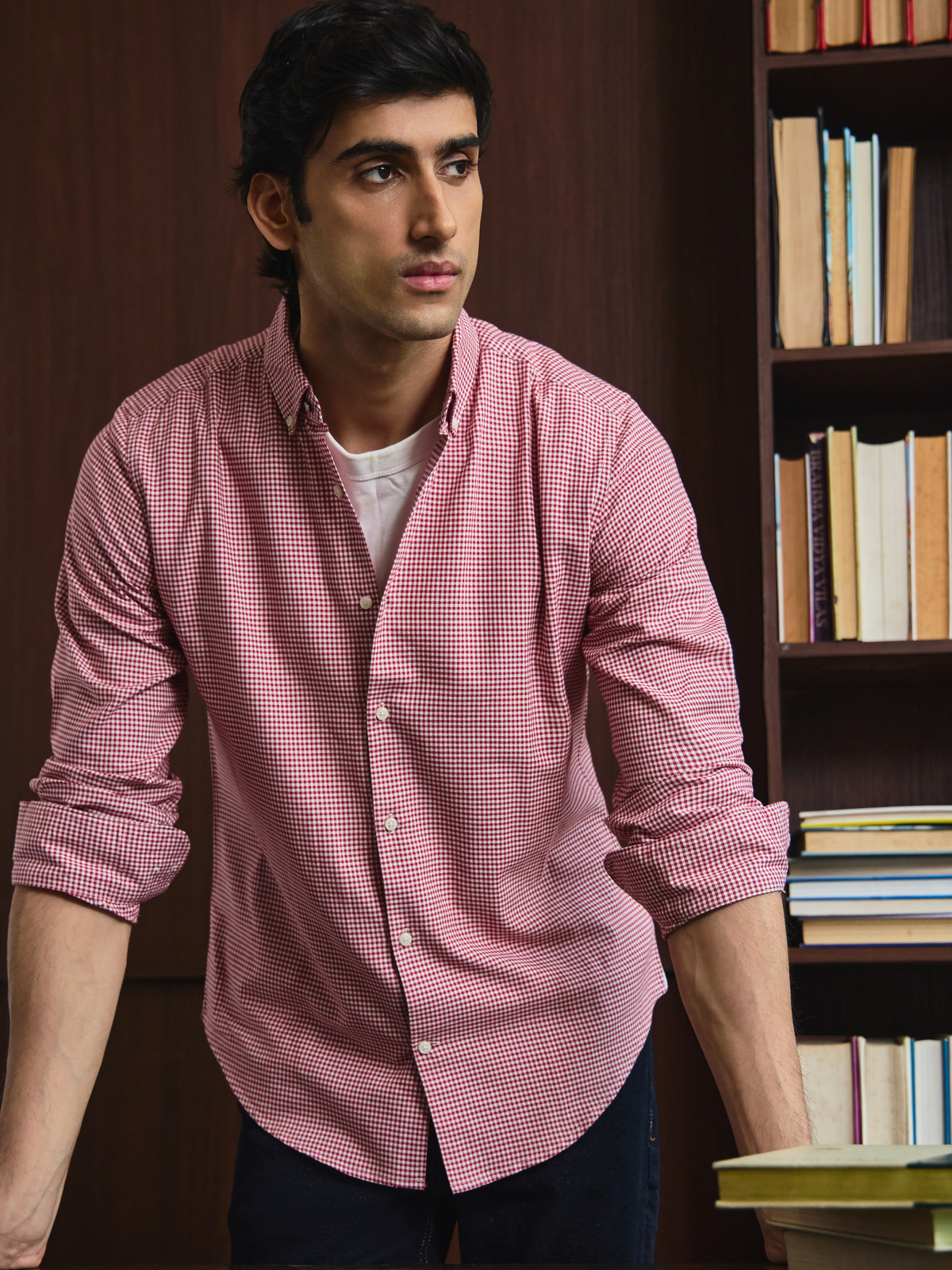 EVARIST- Red Regular Fit Gingham Checks Cotton Shirt