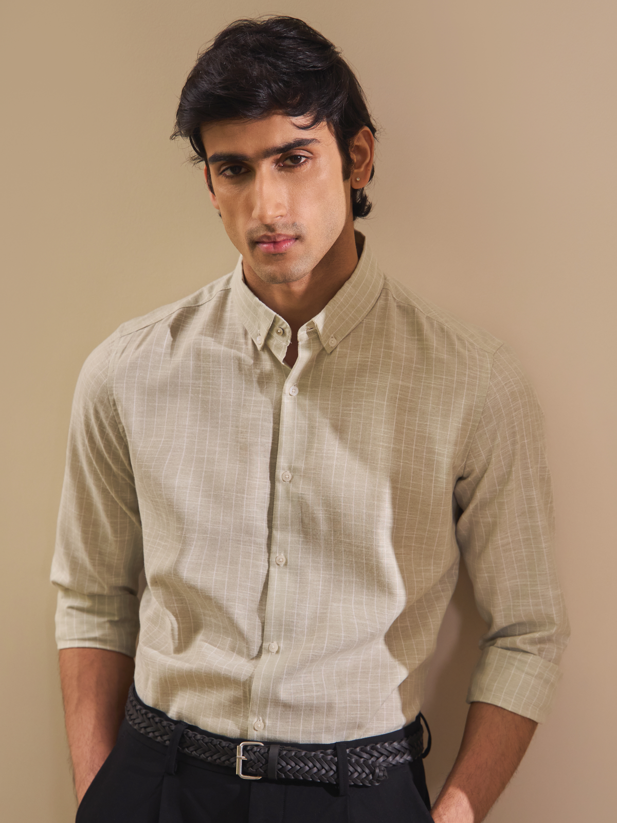 Milo-Green Regular Fit Striped Linen Shirt