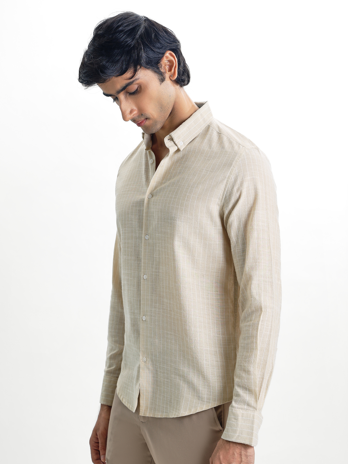 Milo-Beige Regular Fit Striped Linen Shirt