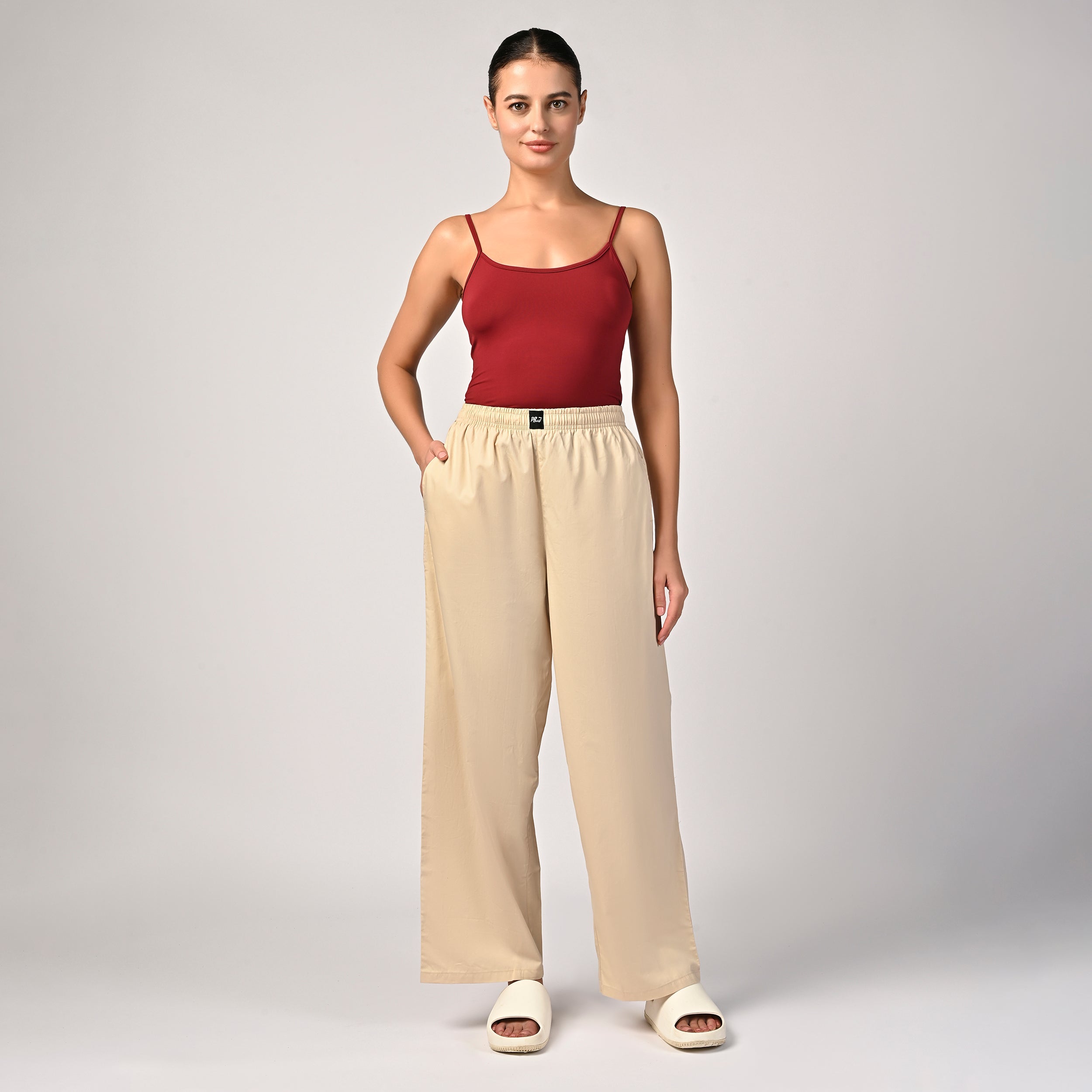 Women's Beige Wide Leg Pyjama Pants