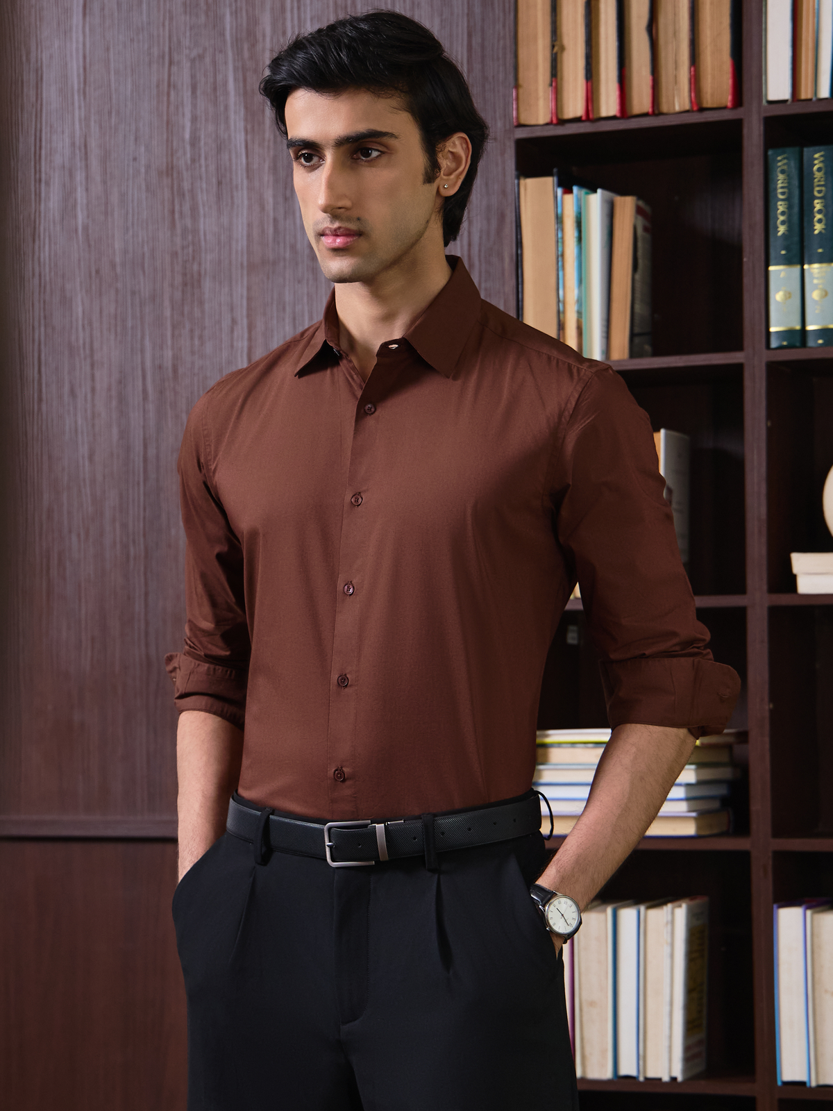 SANTINO- Brown Regular Fit Poplin Lycra Shirt