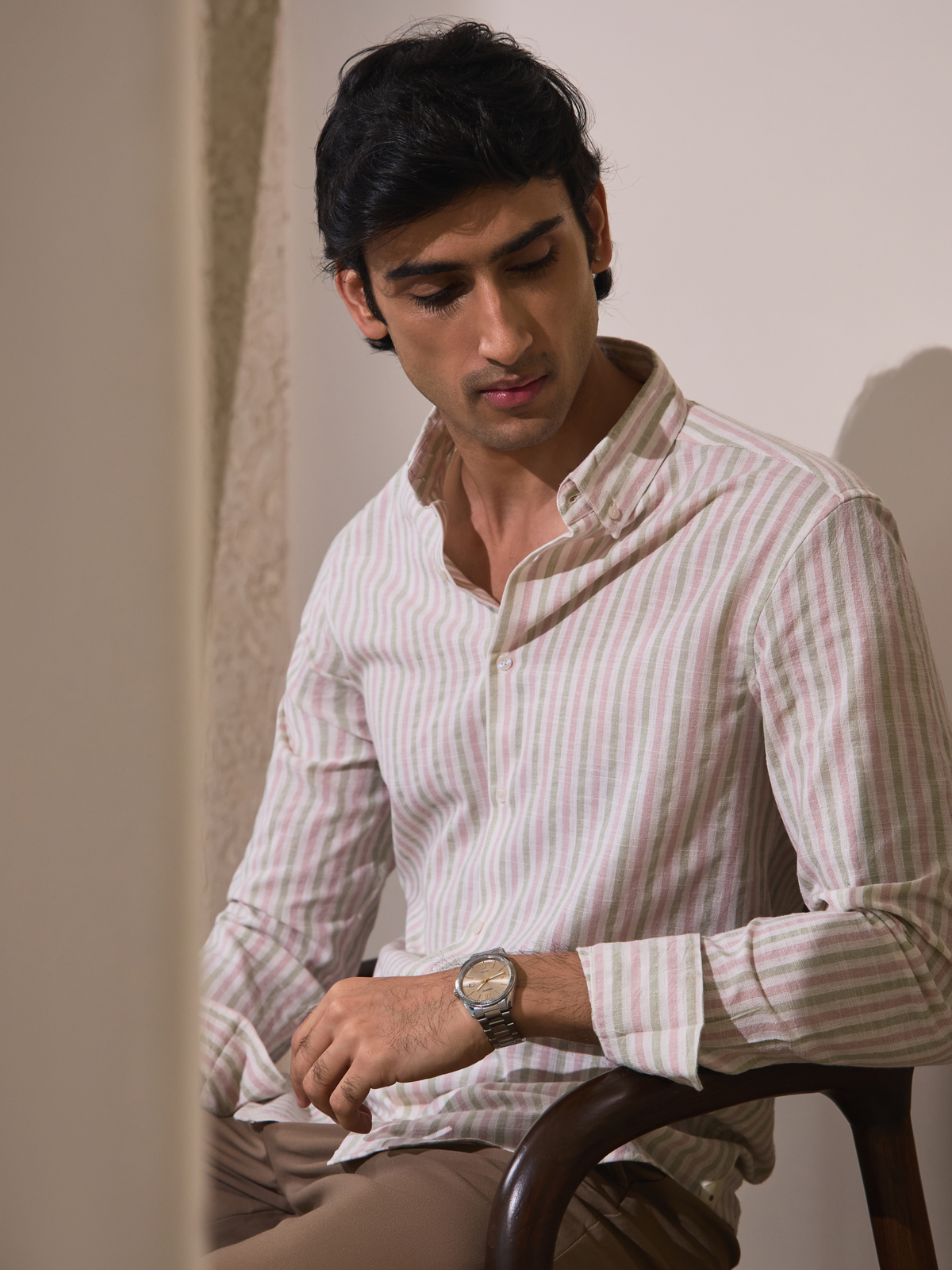 Zeno- Pink Multicolour Regular Fit Striped Linen Shirt