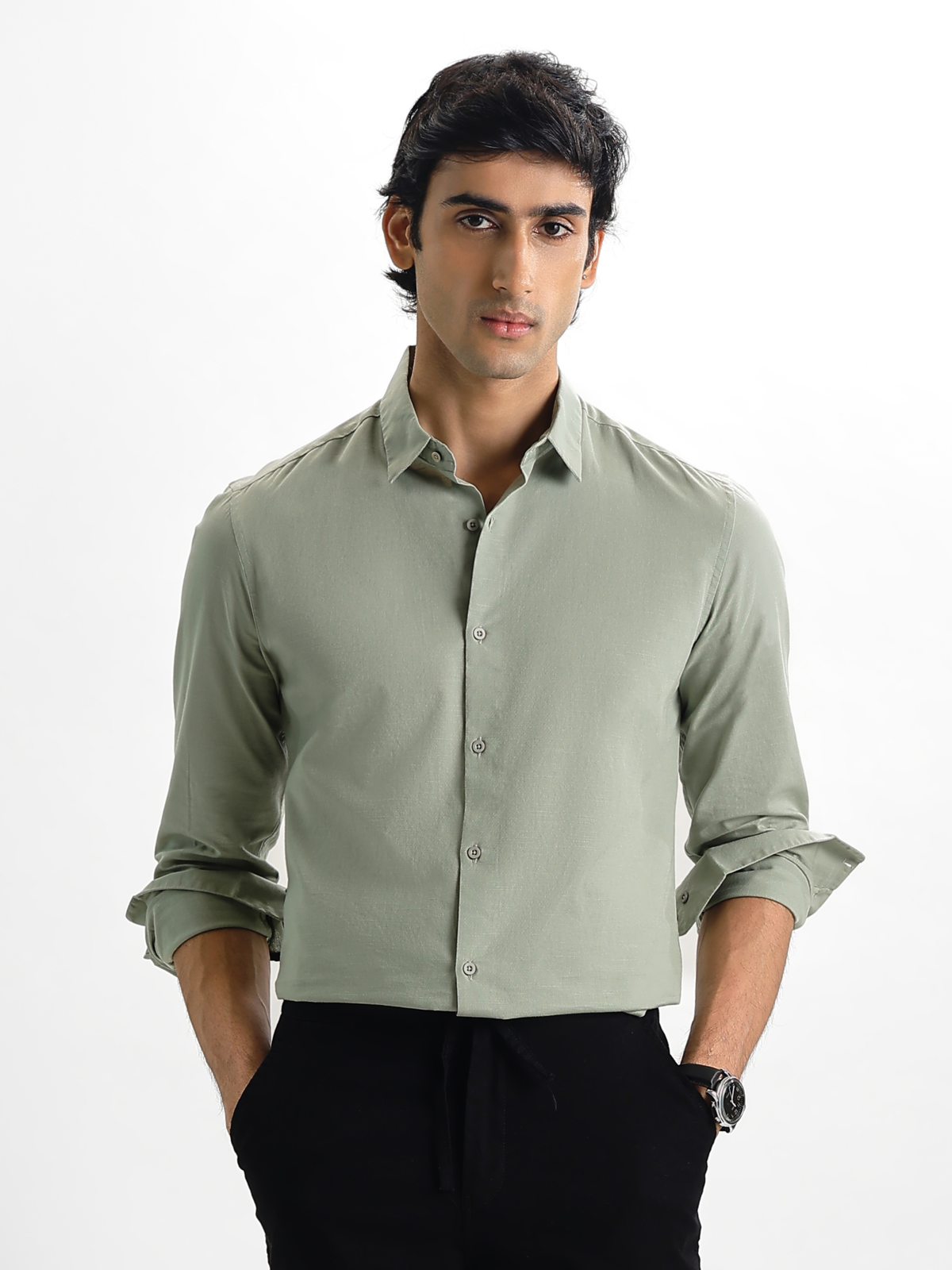 Arlo- Light Olive Green Regular Fit Solid Linen Shirt