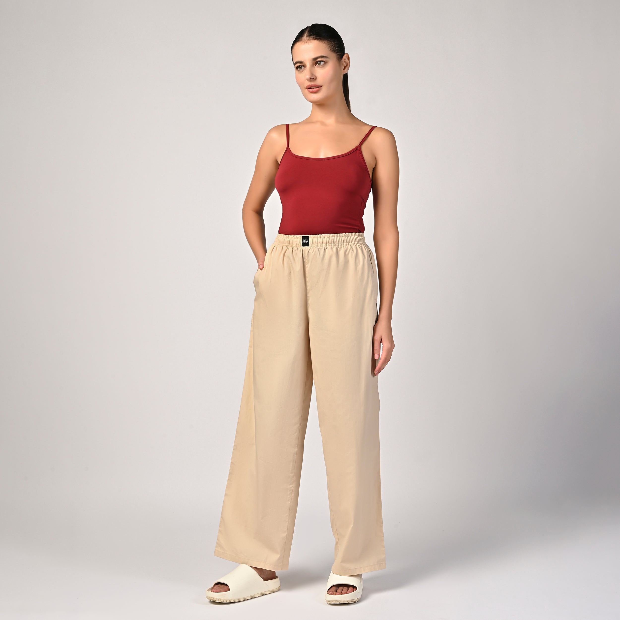 Women's Beige Wide Leg Pyjama Pants