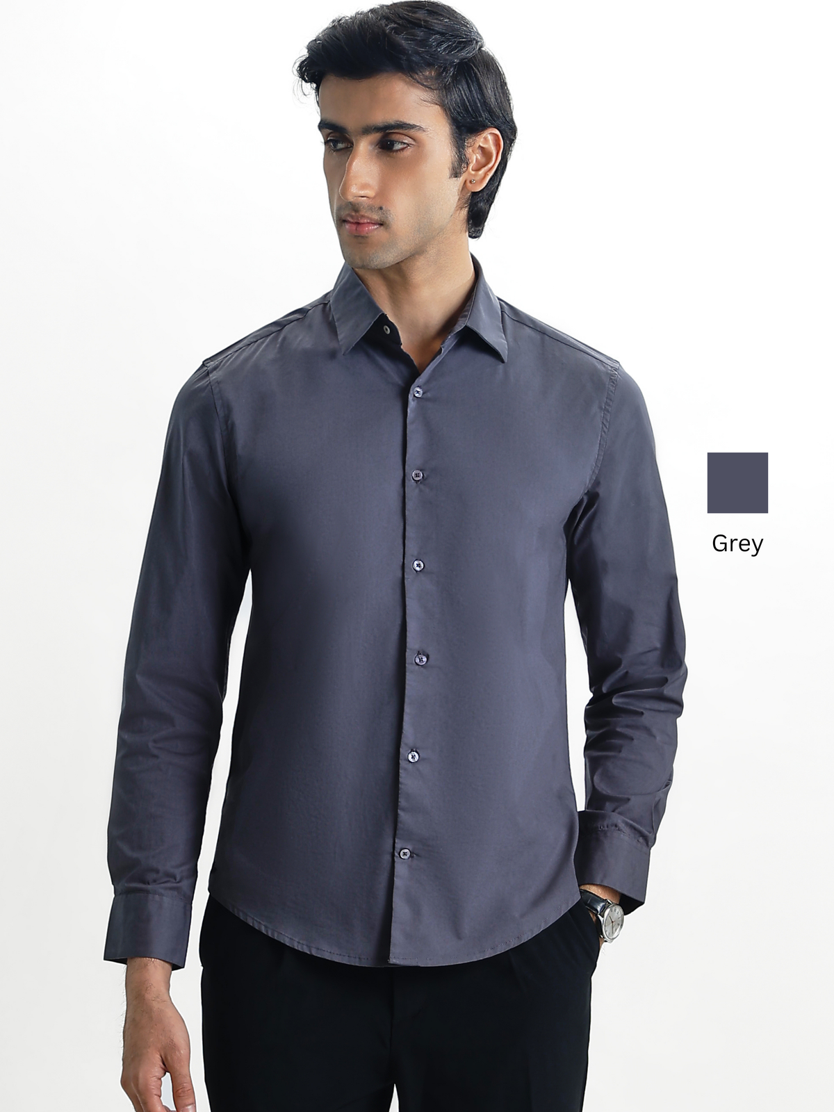 SANTINO-Grey Regular Fit Poplin Lycra Shirt