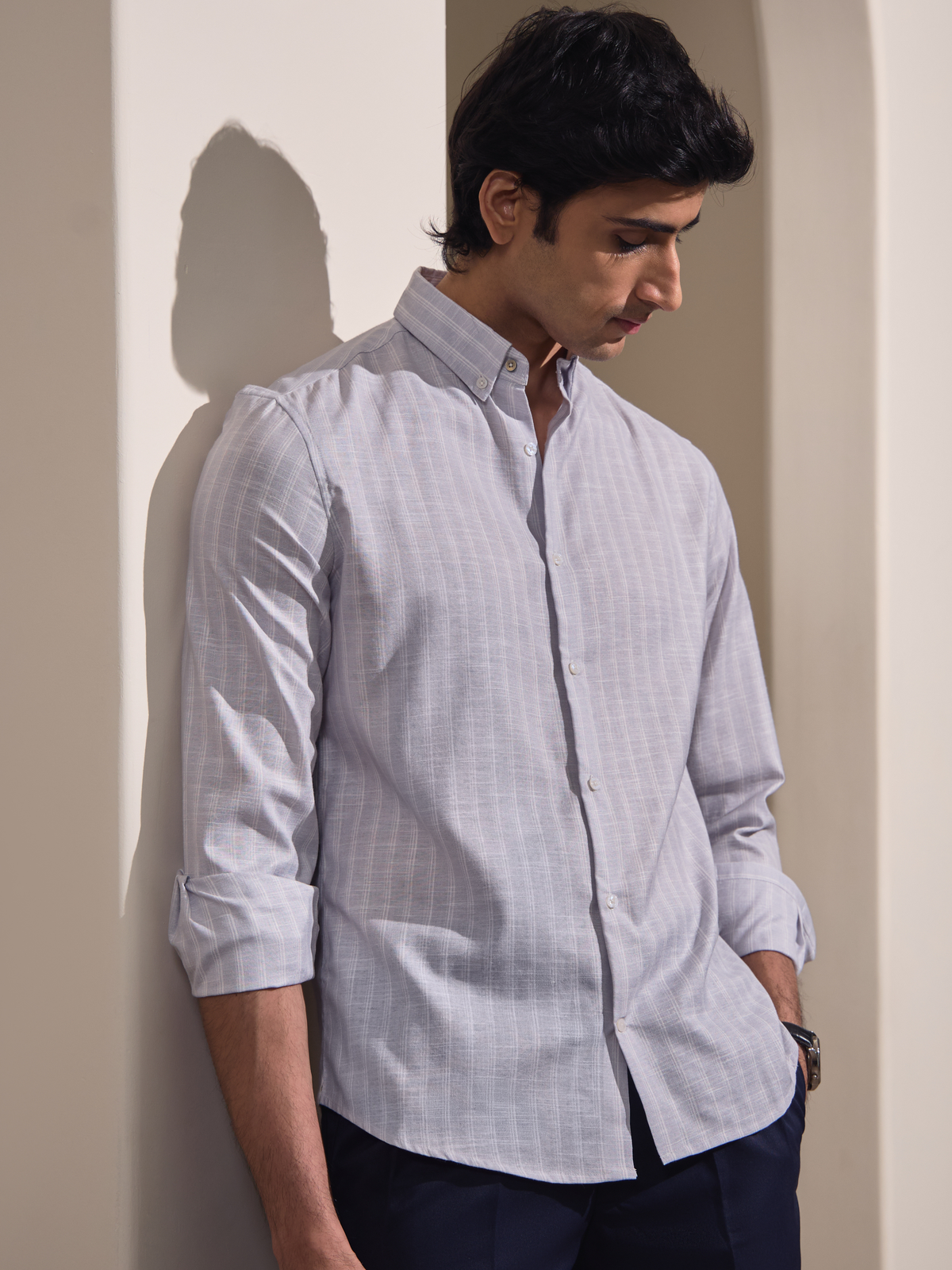 Zeno-Blue Multicolour Regular Fit Striped Linen Shirt