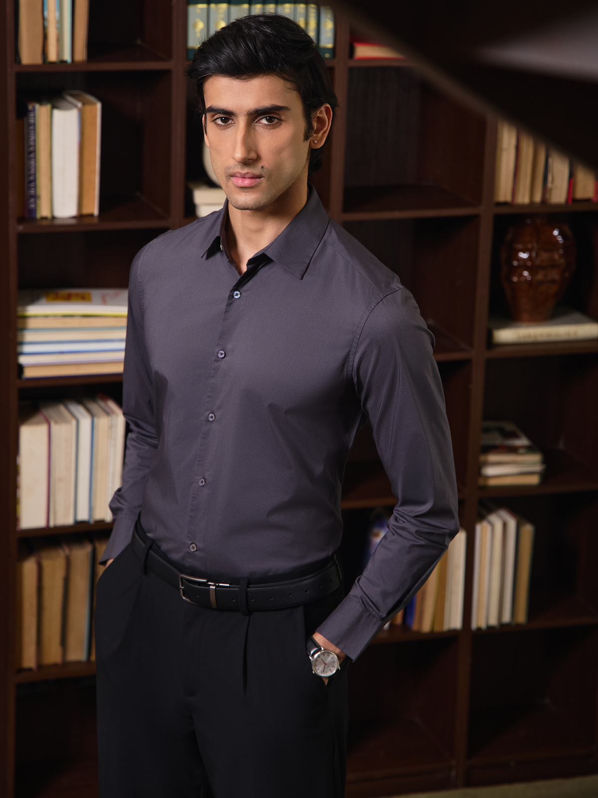 SANTINO-Grey Regular Fit Poplin Lycra Shirt