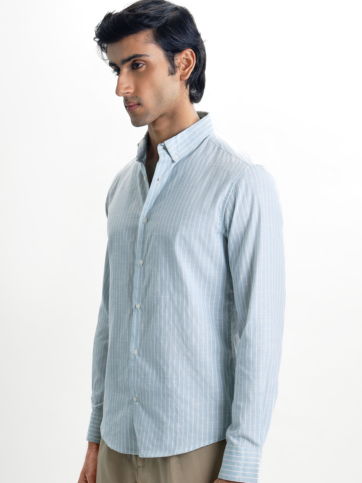 Evor- Aqua Blue Regular Fit Striped Linen Shirt