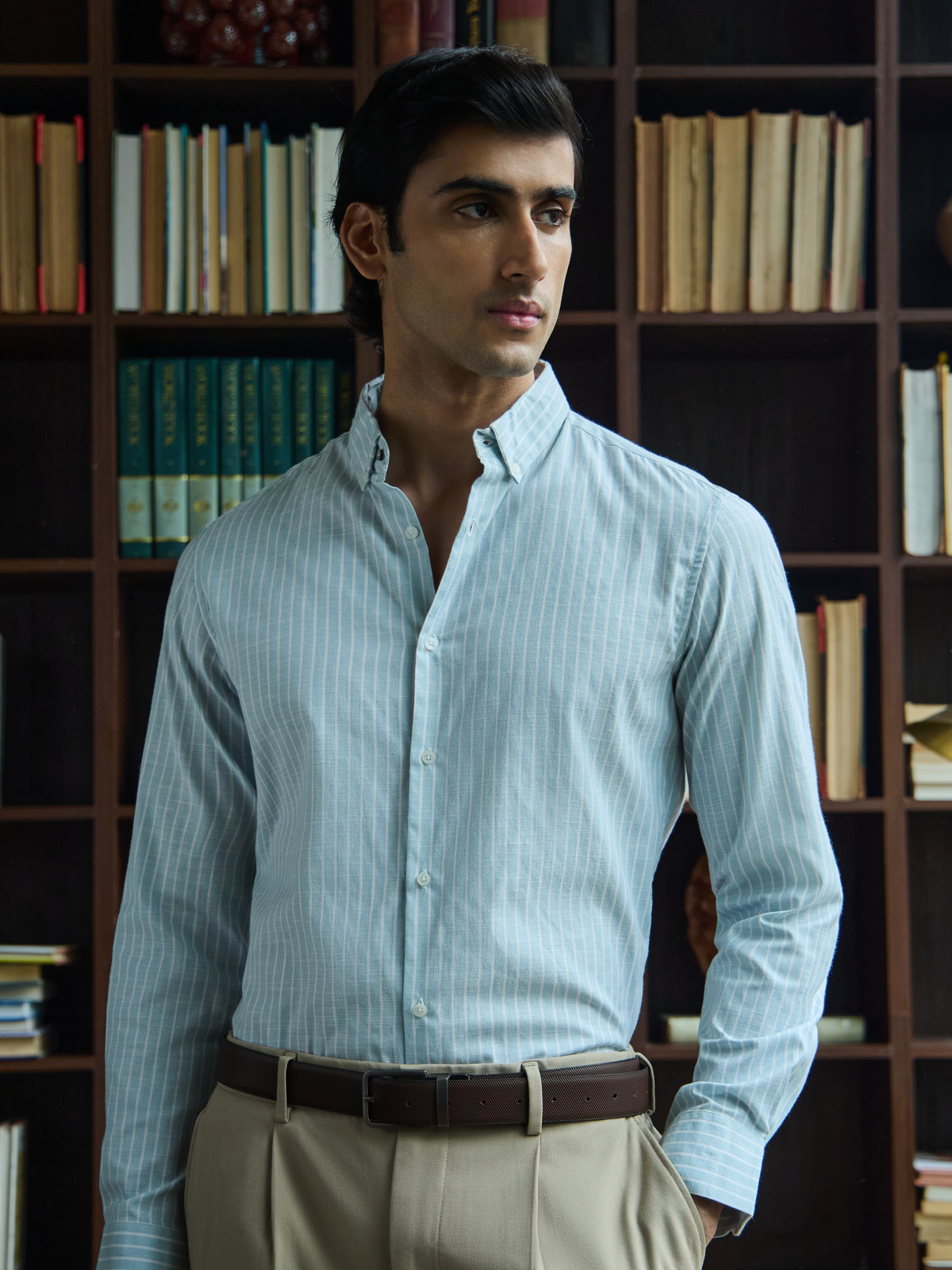 Evor- Aqua Blue Regular Fit Striped Linen Shirt