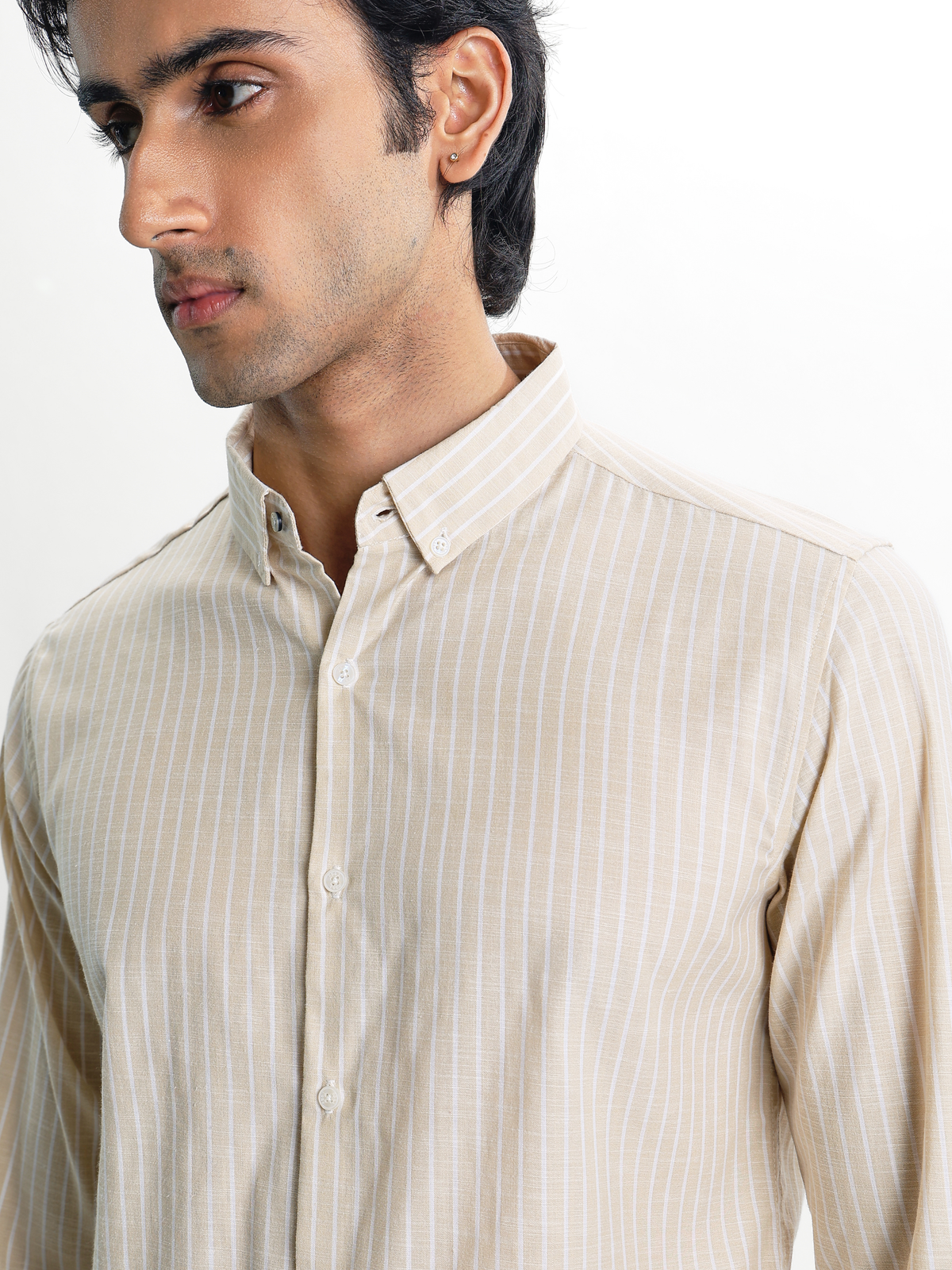 Evor- Beige Regular Fit Striped Linen Shirt