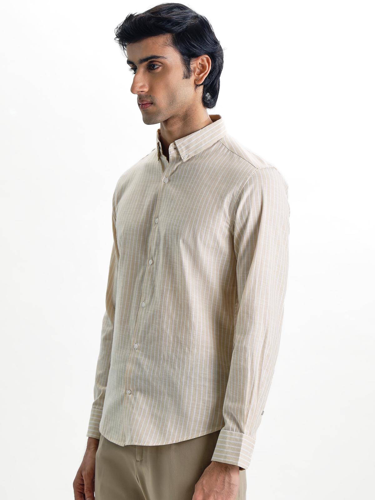 Evor- Beige Regular Fit Striped Linen Shirt