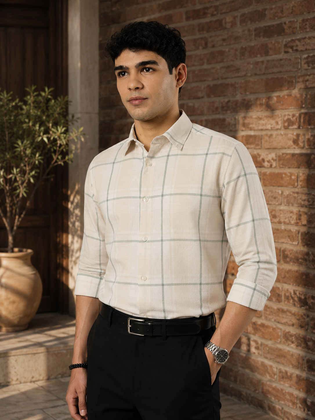 Sage Linen Windowpane Shirt