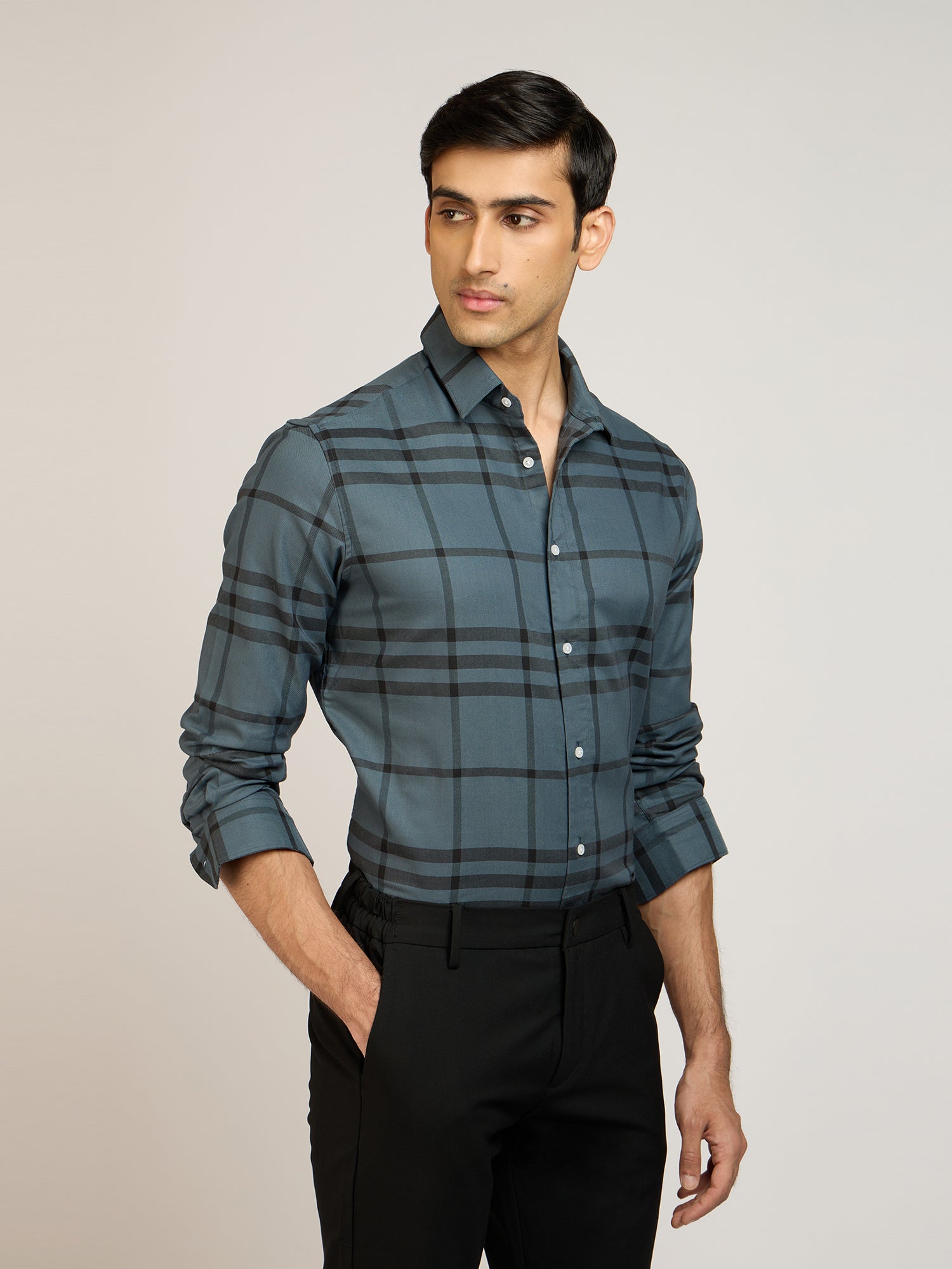 Windowpane Check Grey Shirt