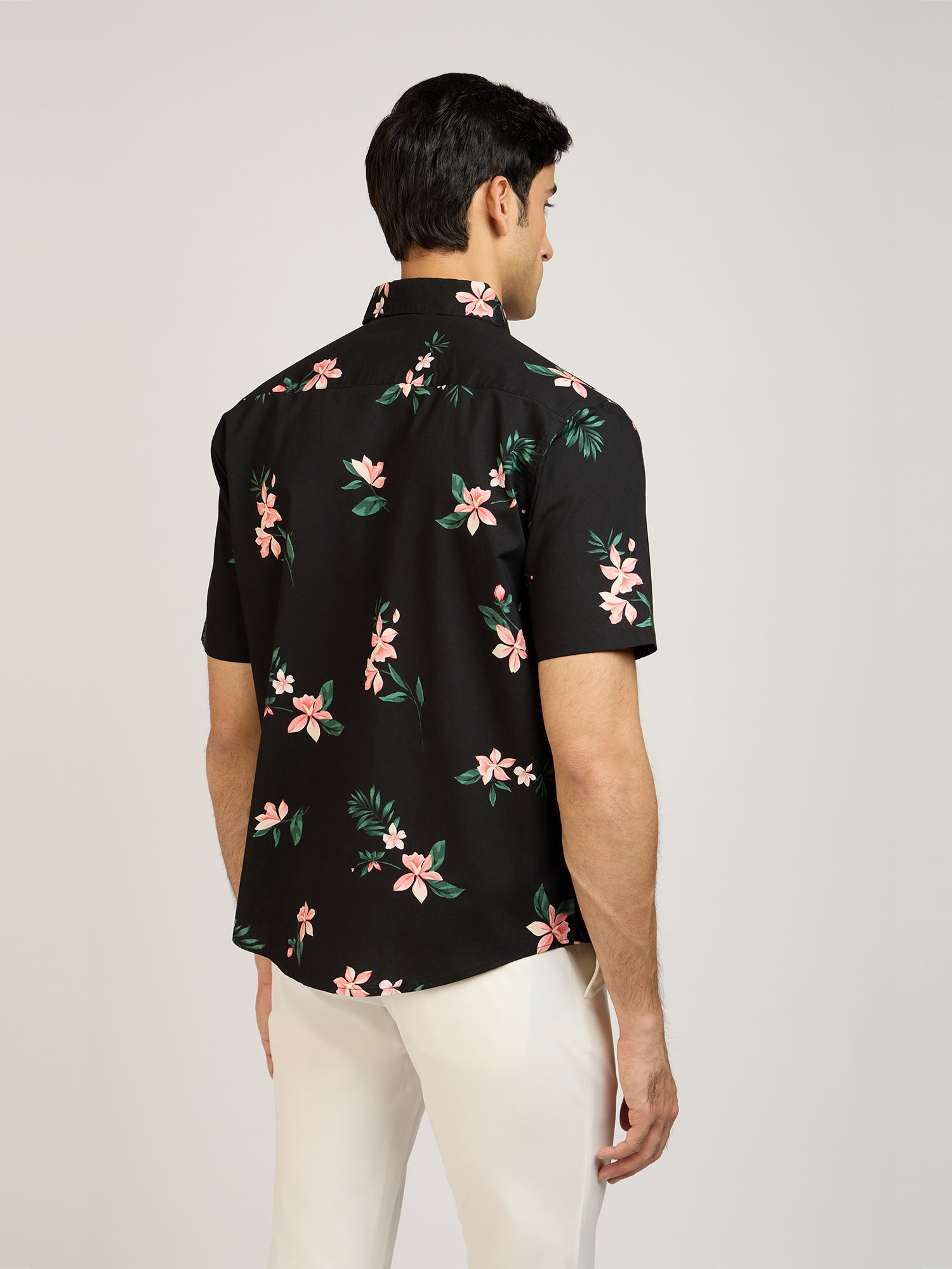 Tropical Print Cotton Black Shirt