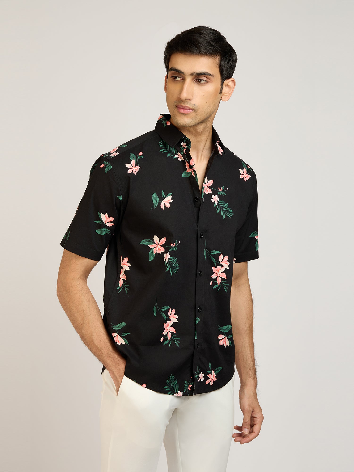 Tropical Print Cotton Black Shirt