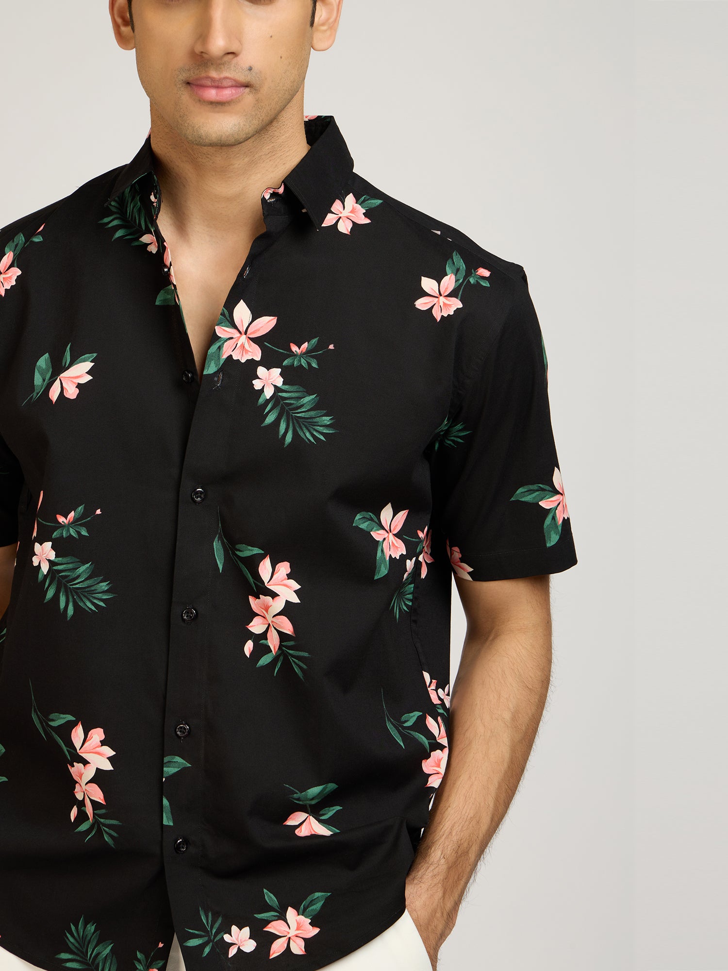 Tropical Print Cotton Black Shirt