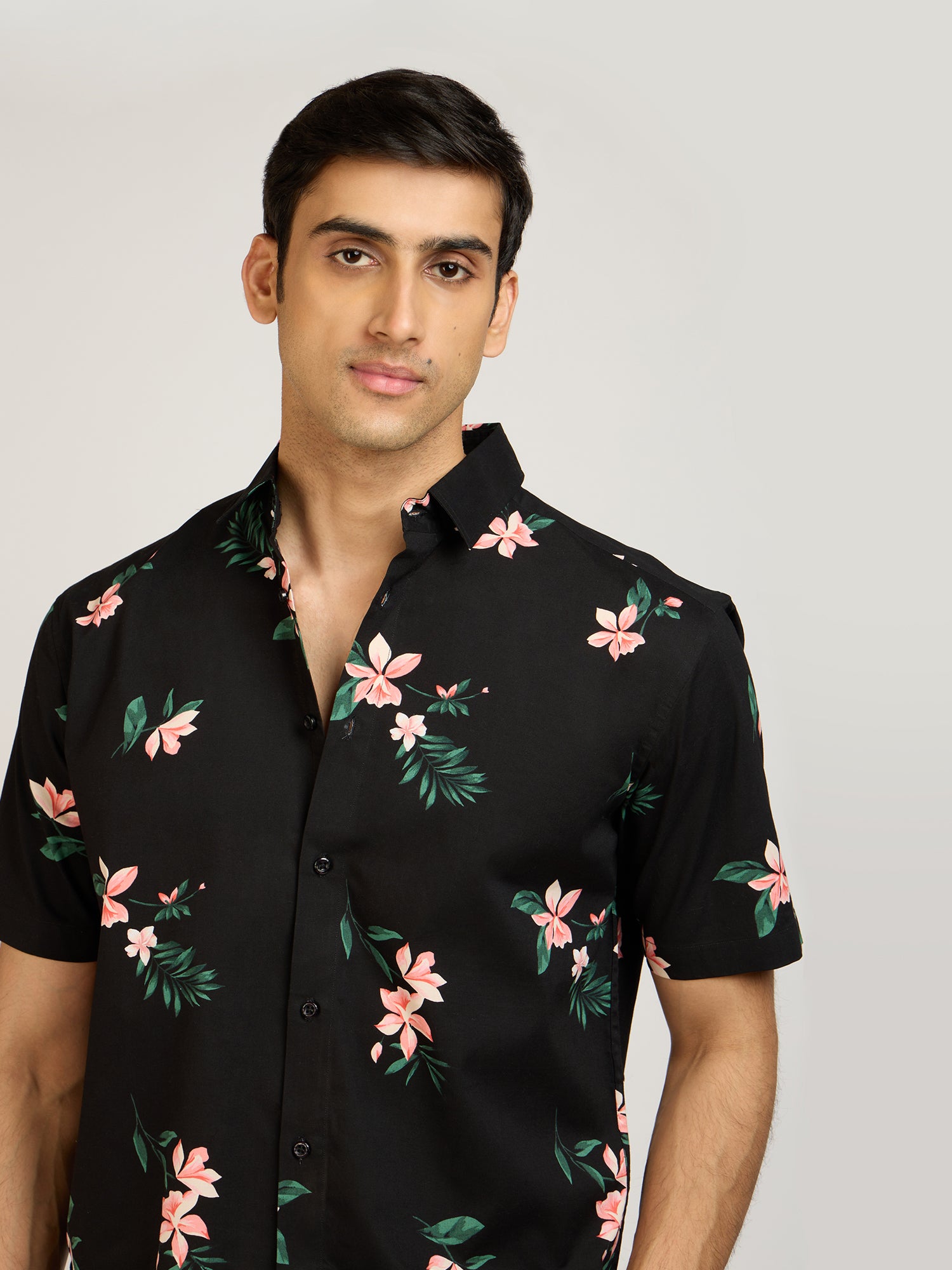 Tropical Print Cotton Black Shirt