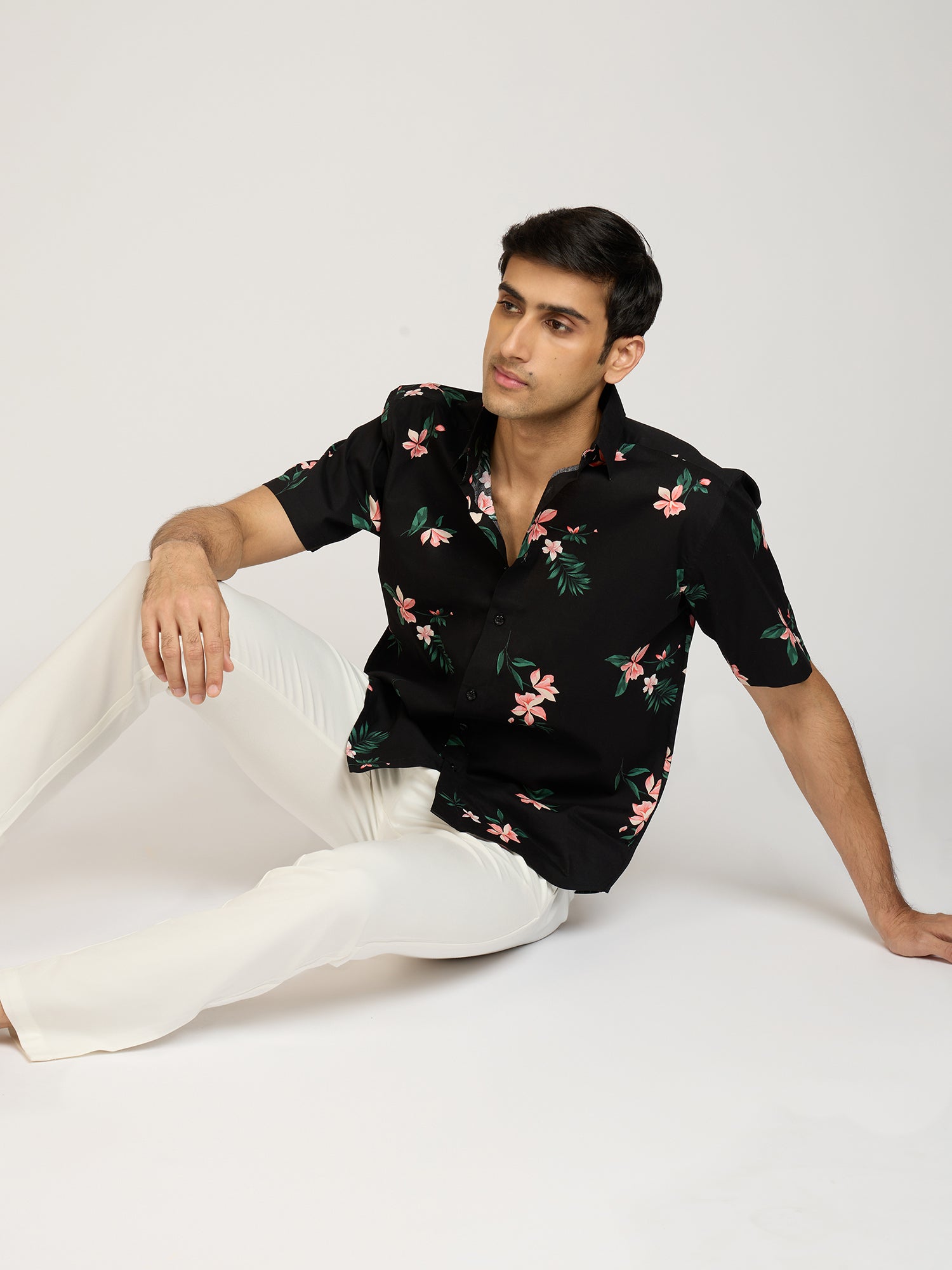 Tropical Print Cotton Black Shirt