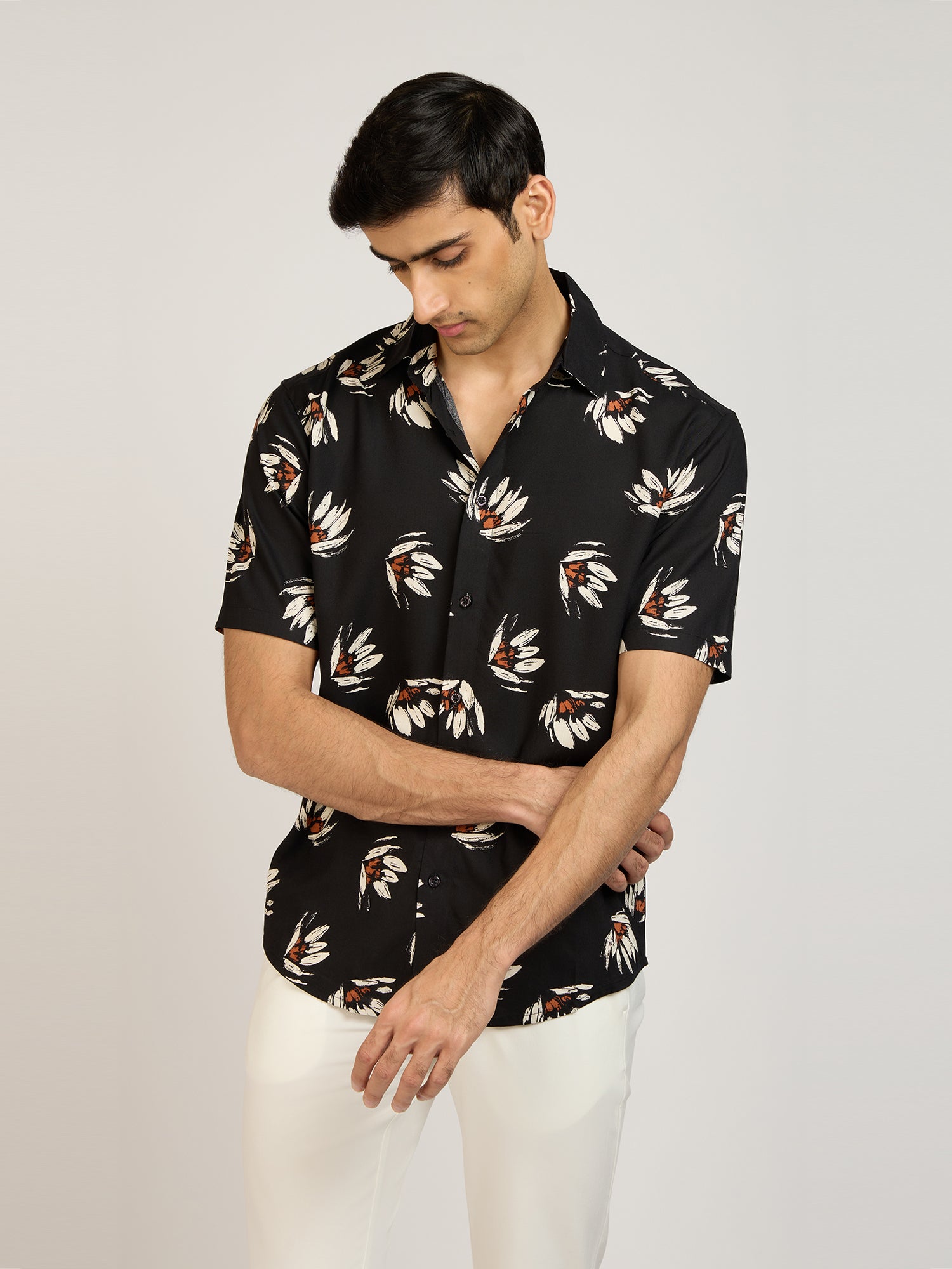 Tropical Print Viscose Black Shirt