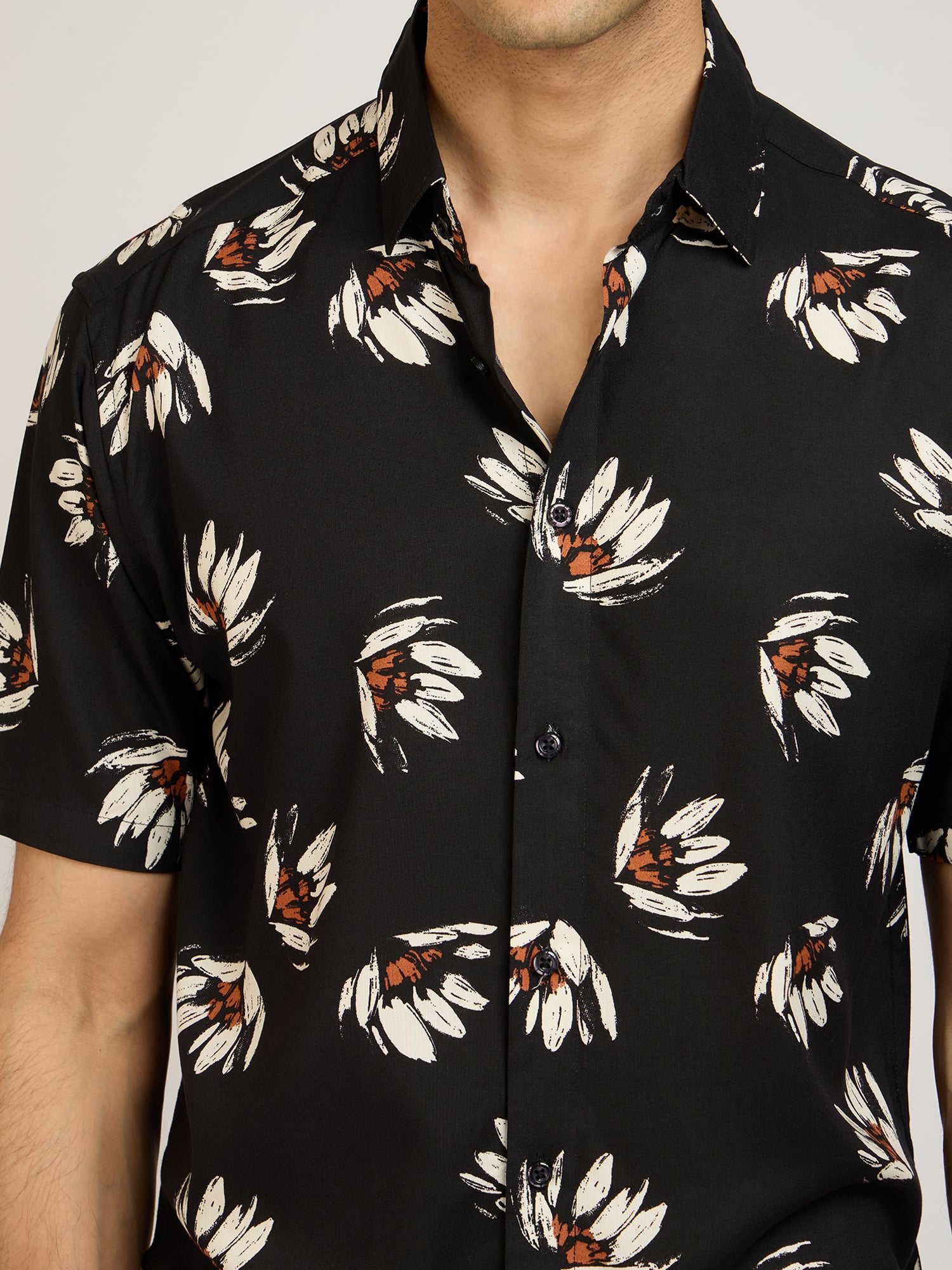 Tropical Print Viscose Black Shirt