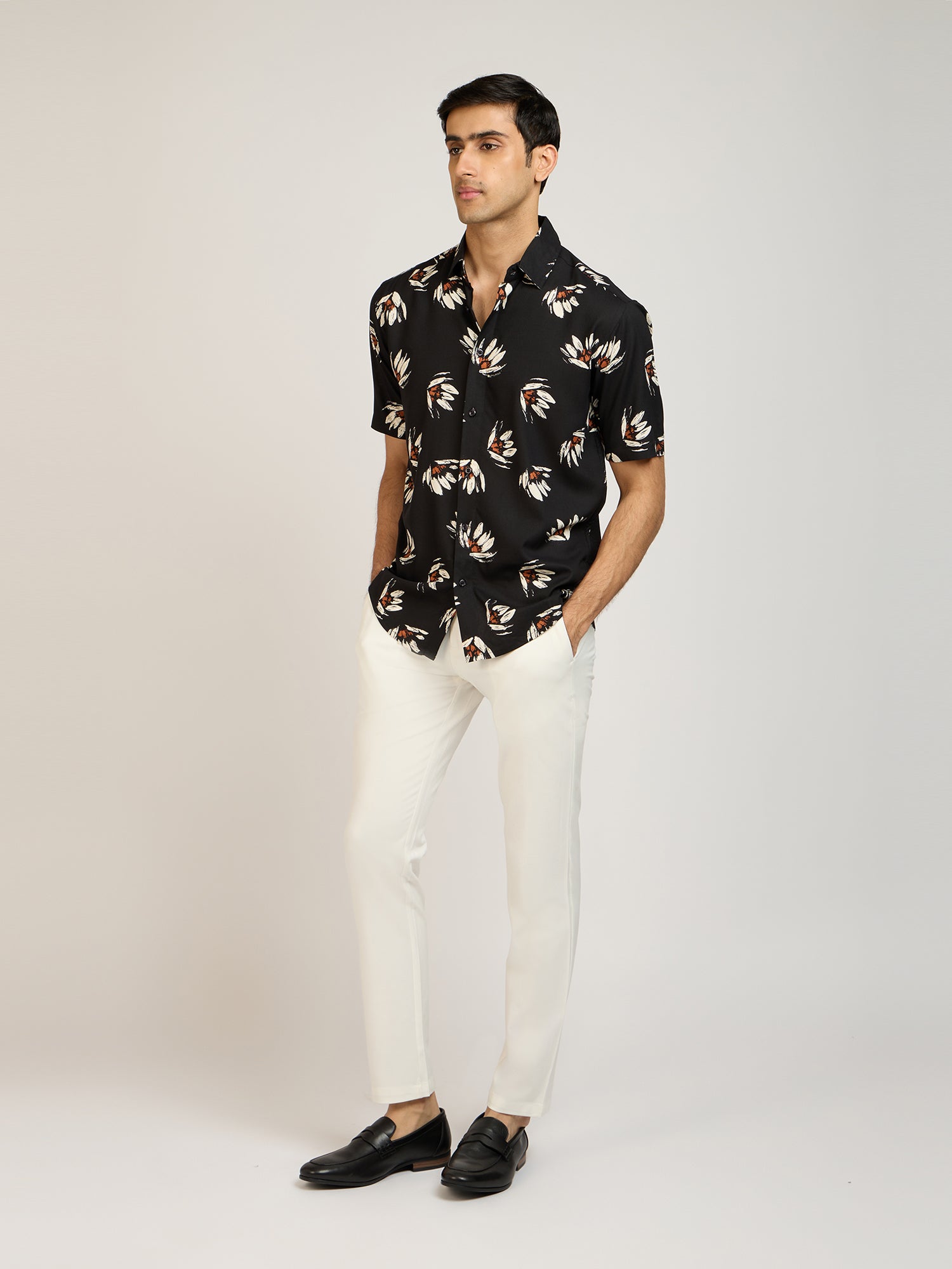 Tropical Print Viscose Black Shirt