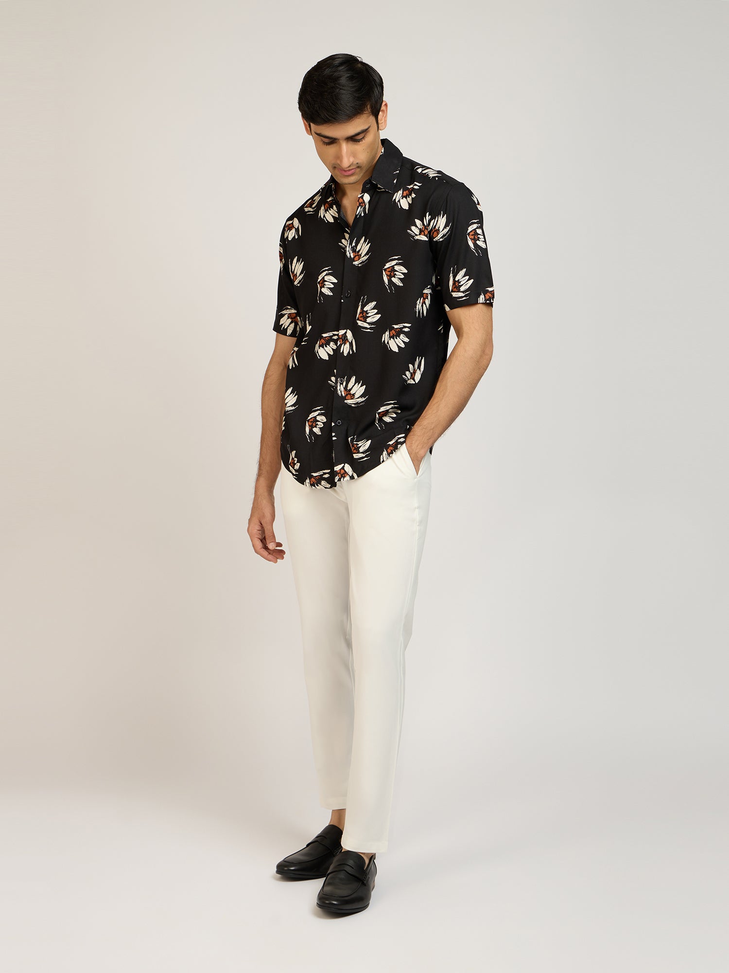 Tropical Print Viscose Black Shirt