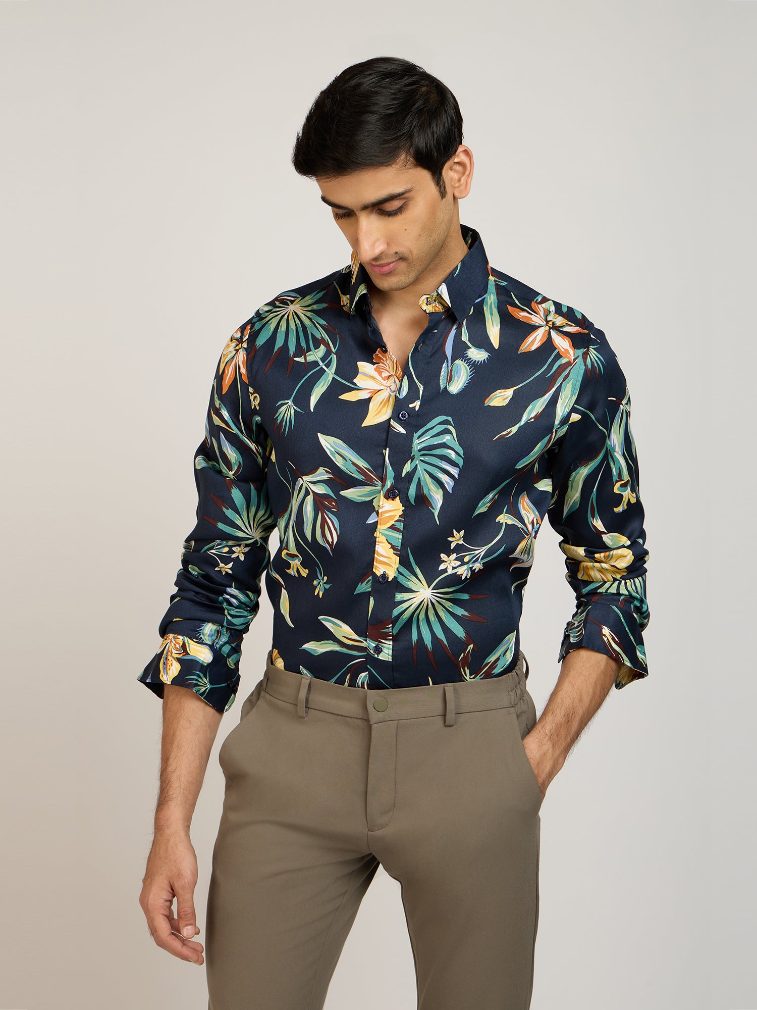 Tropical Print Viscose Blue Shirt