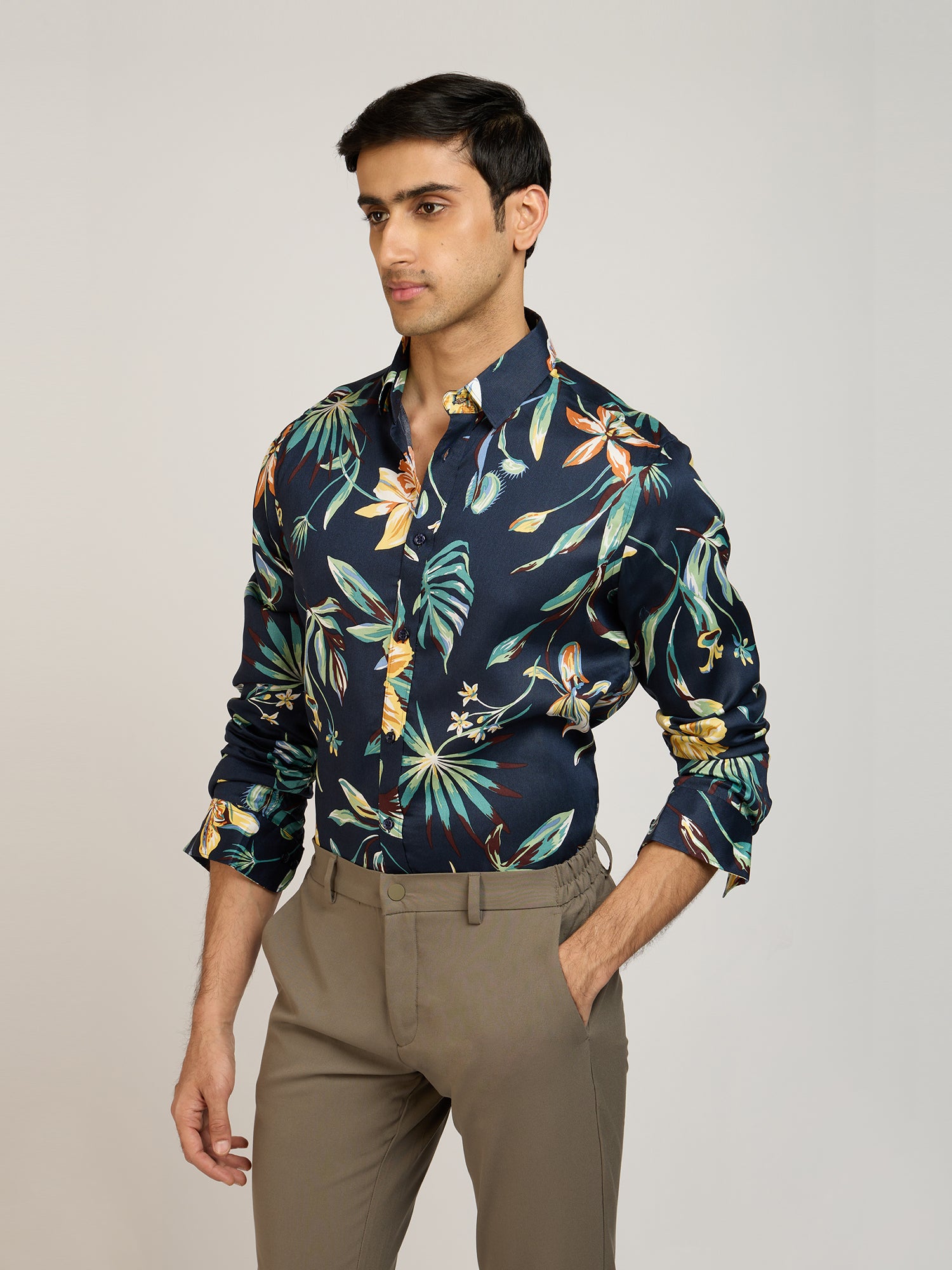 Tropical Print Viscose Blue Shirt