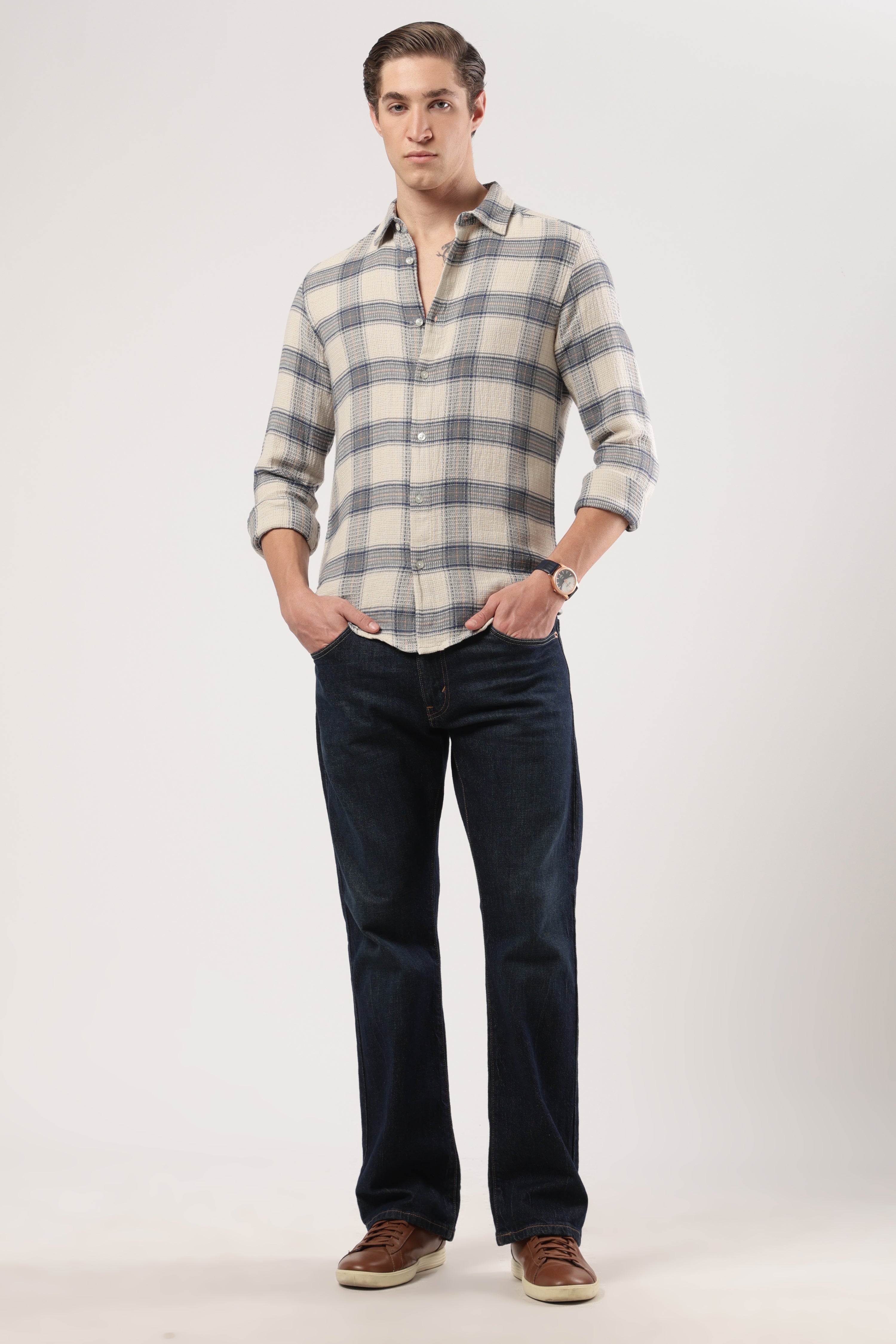 Navy Waffle Check Shirt