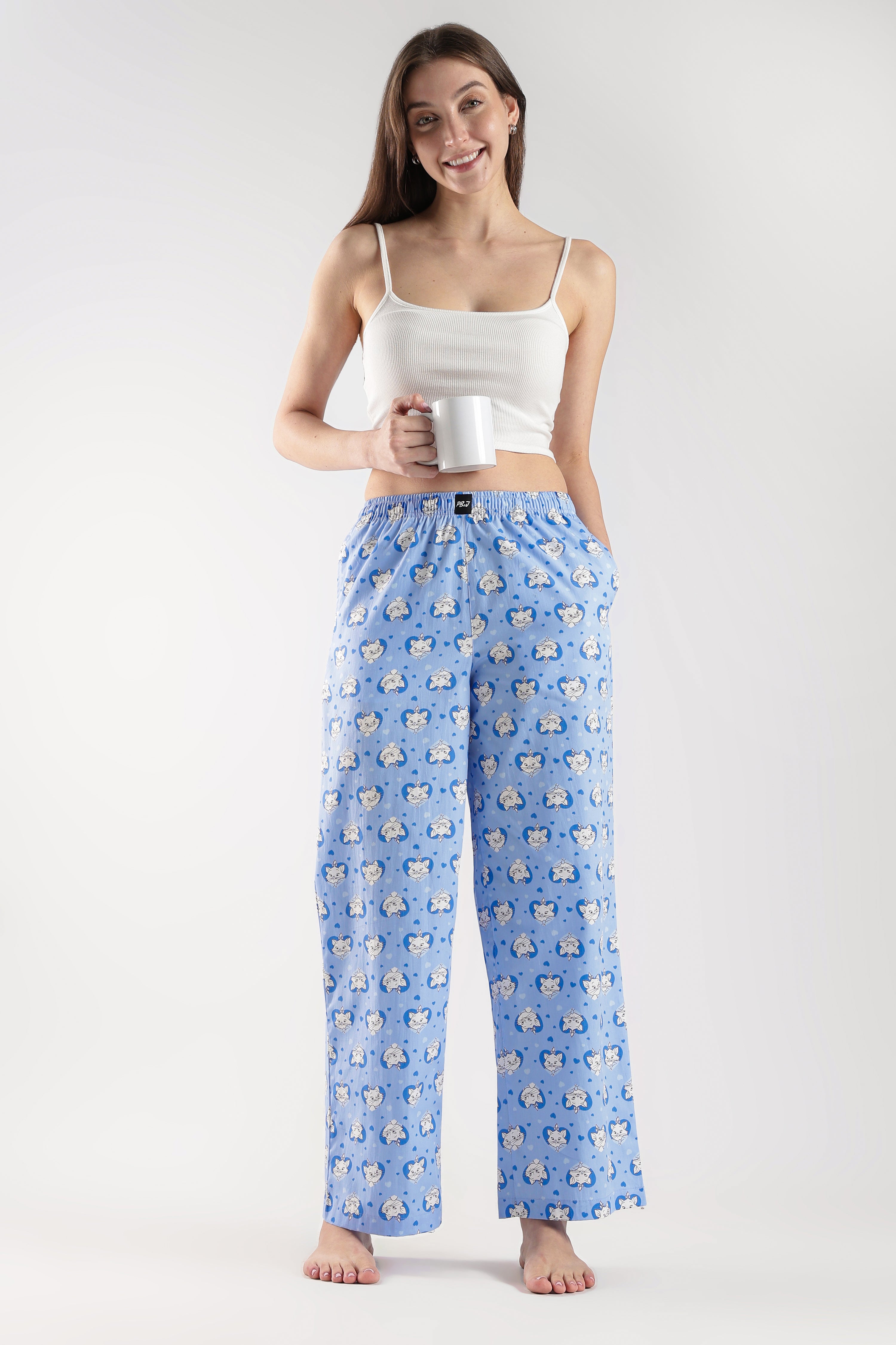 Women's Blue All-Over Cat Print Wide Leg Pyjamas