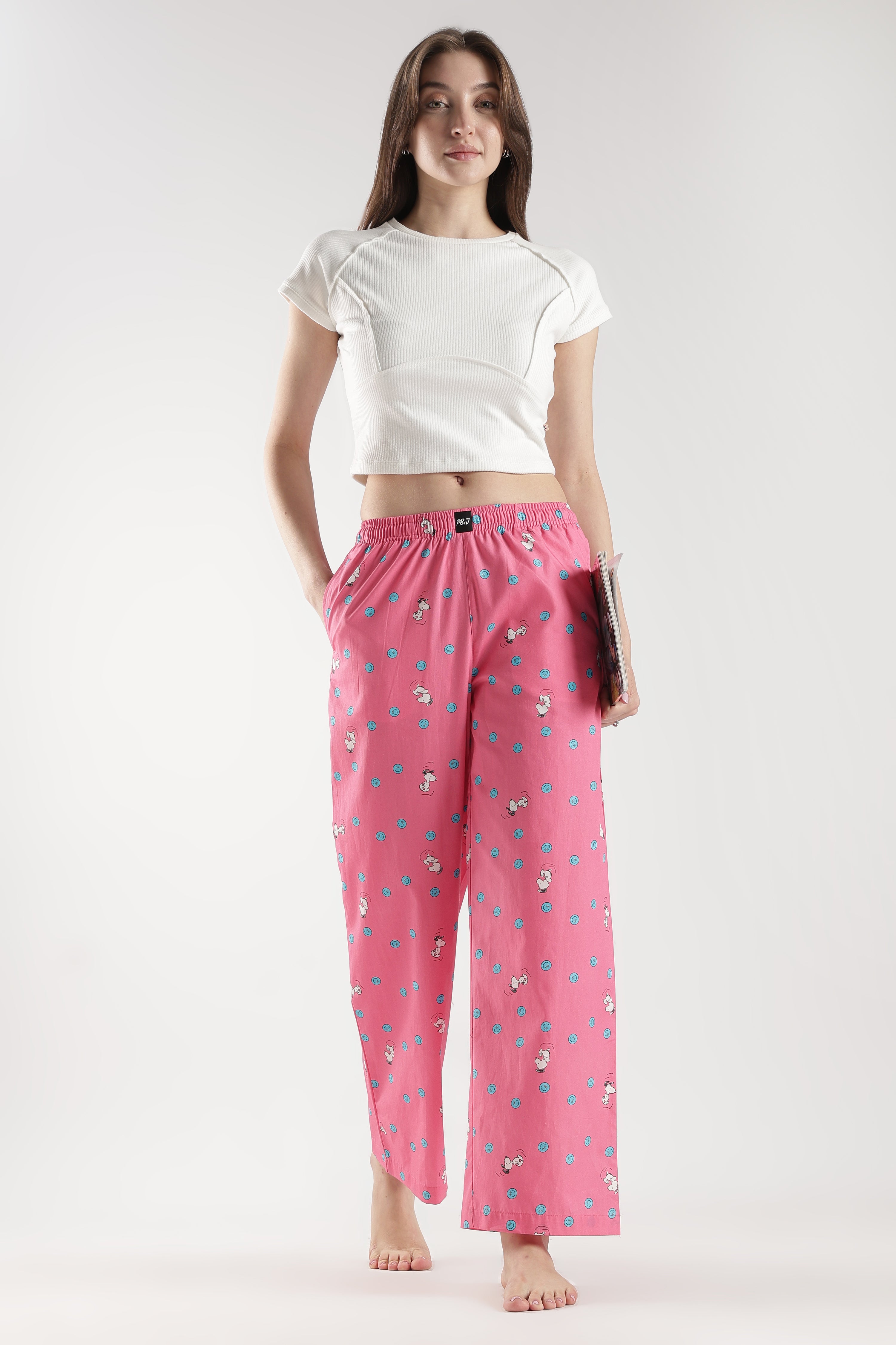 Women's Pink Doodle Dog Print Wide Leg Pyjama