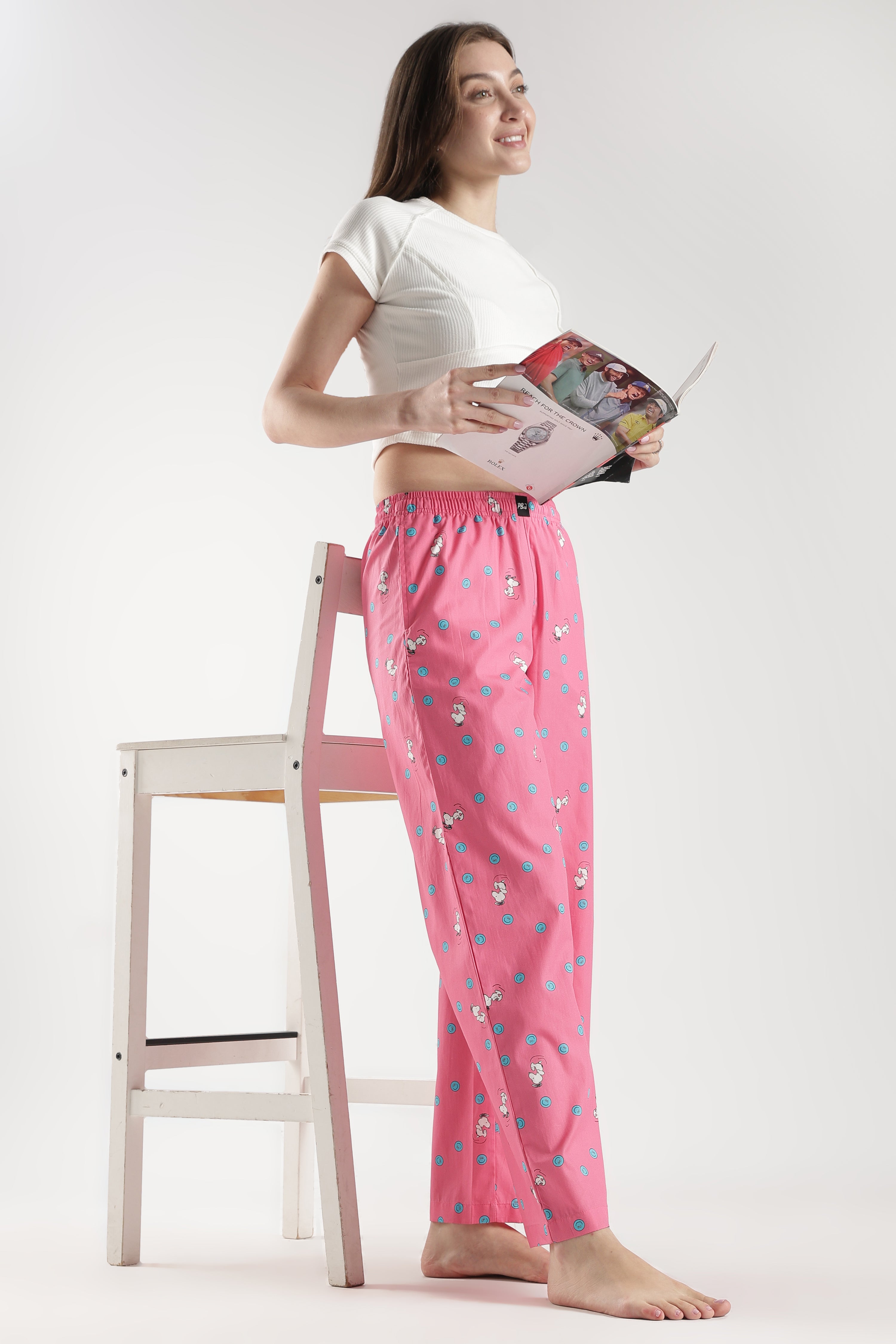 Women's Pink Doodle Dog Print Wide Leg Pyjama