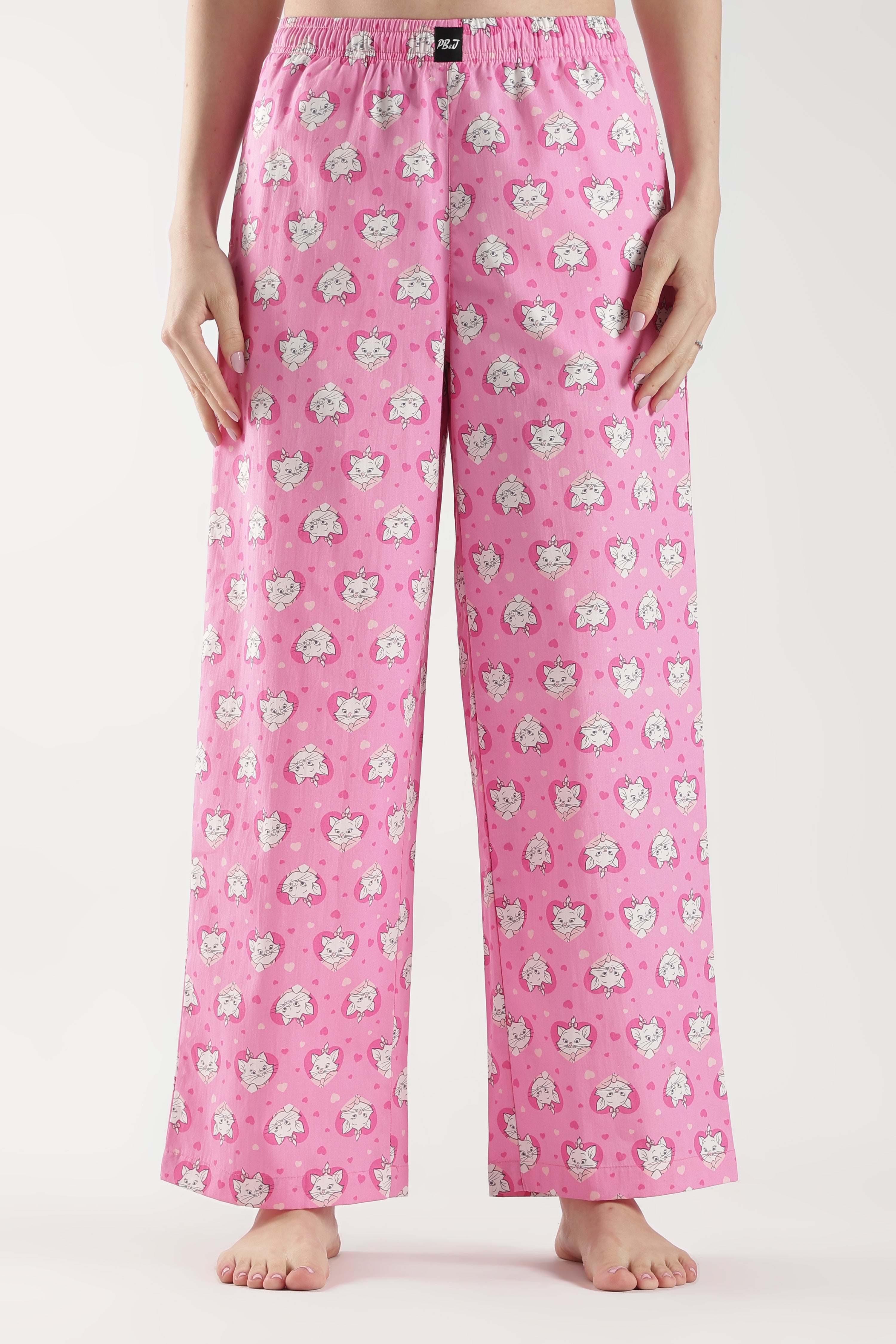 Women's Pink All-Over Cat Print Wide Leg Pyjamas
