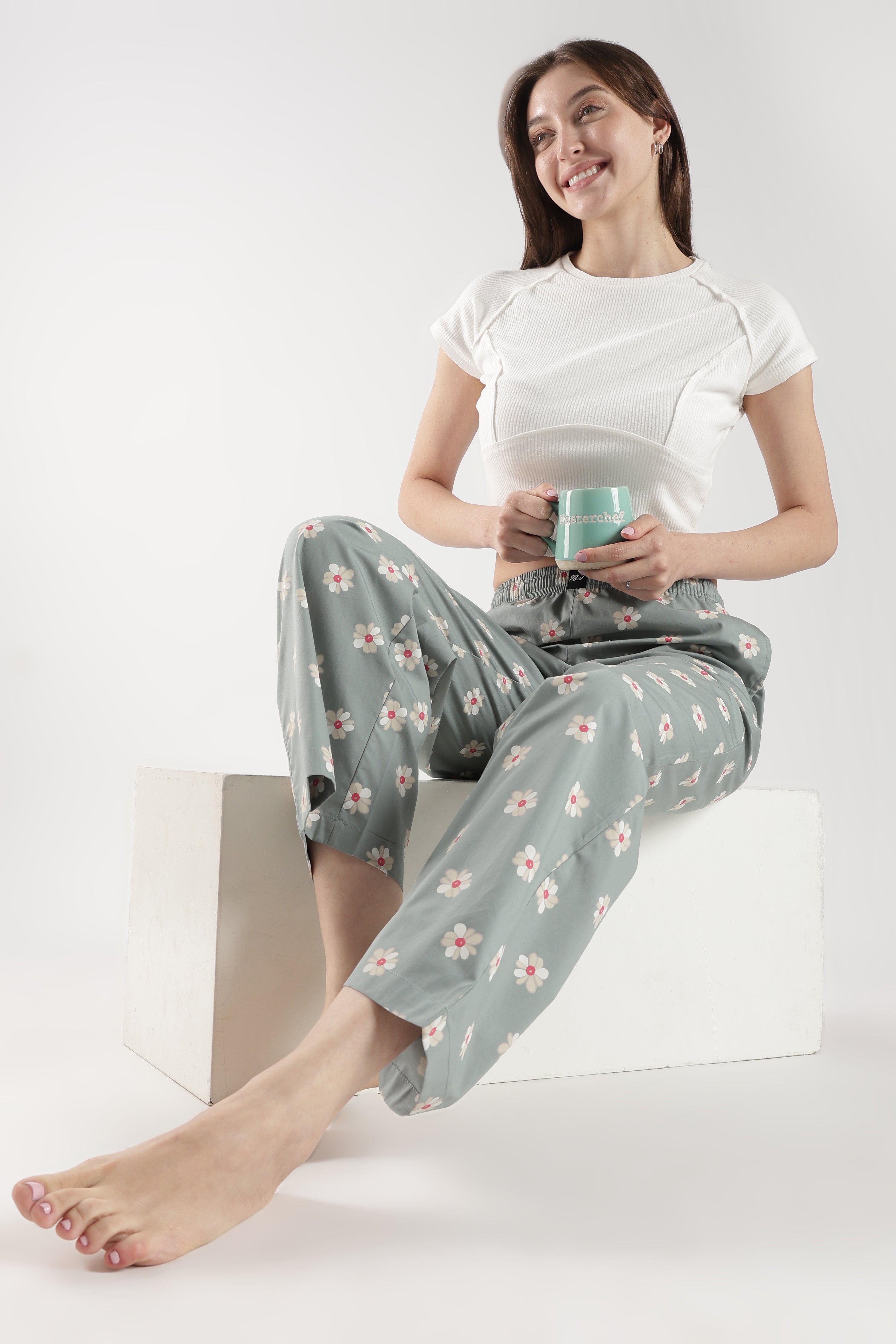 Egg Green Floral Wide Leg Pyjama Pants