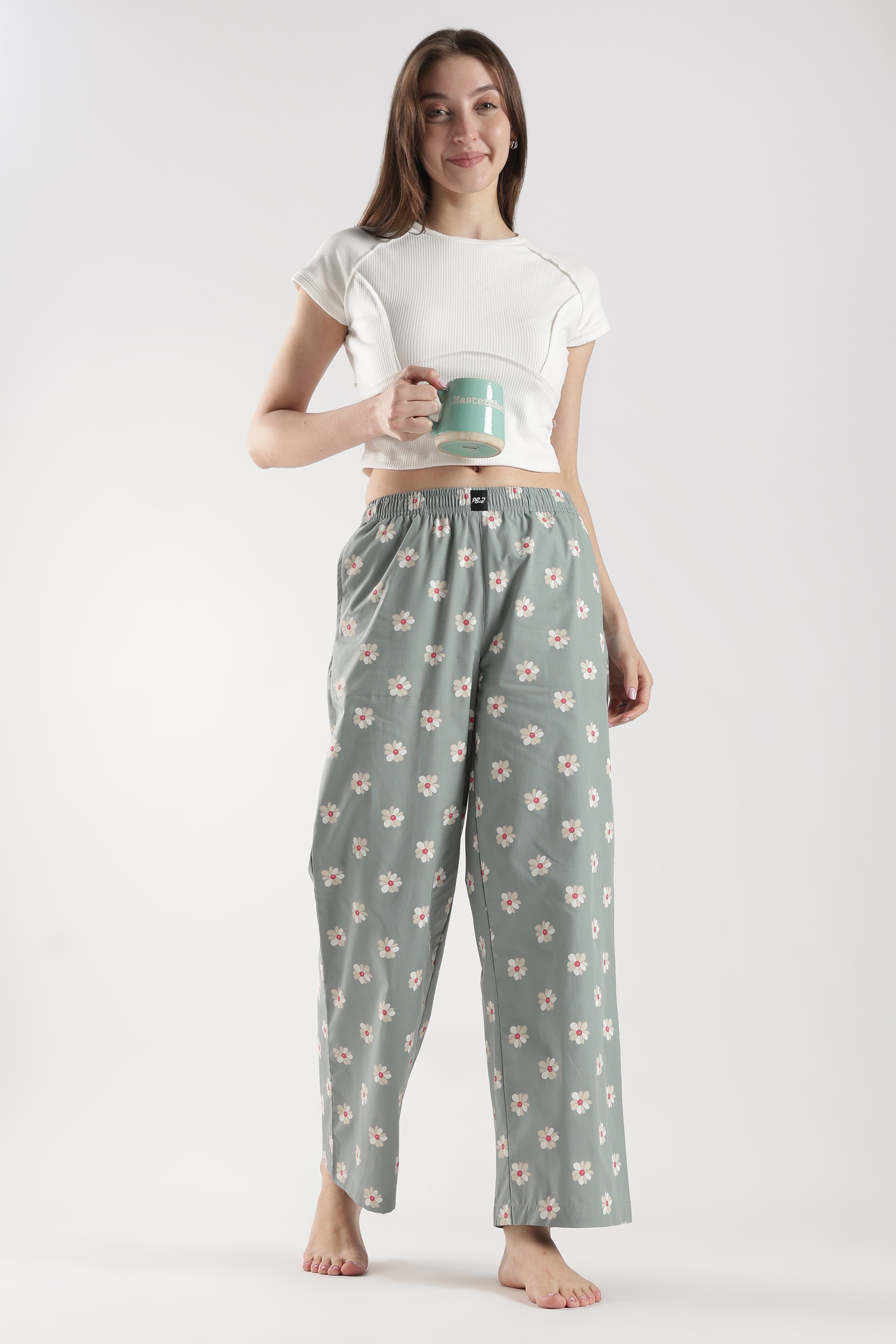 Egg Green Floral Wide Leg Pyjama Pants