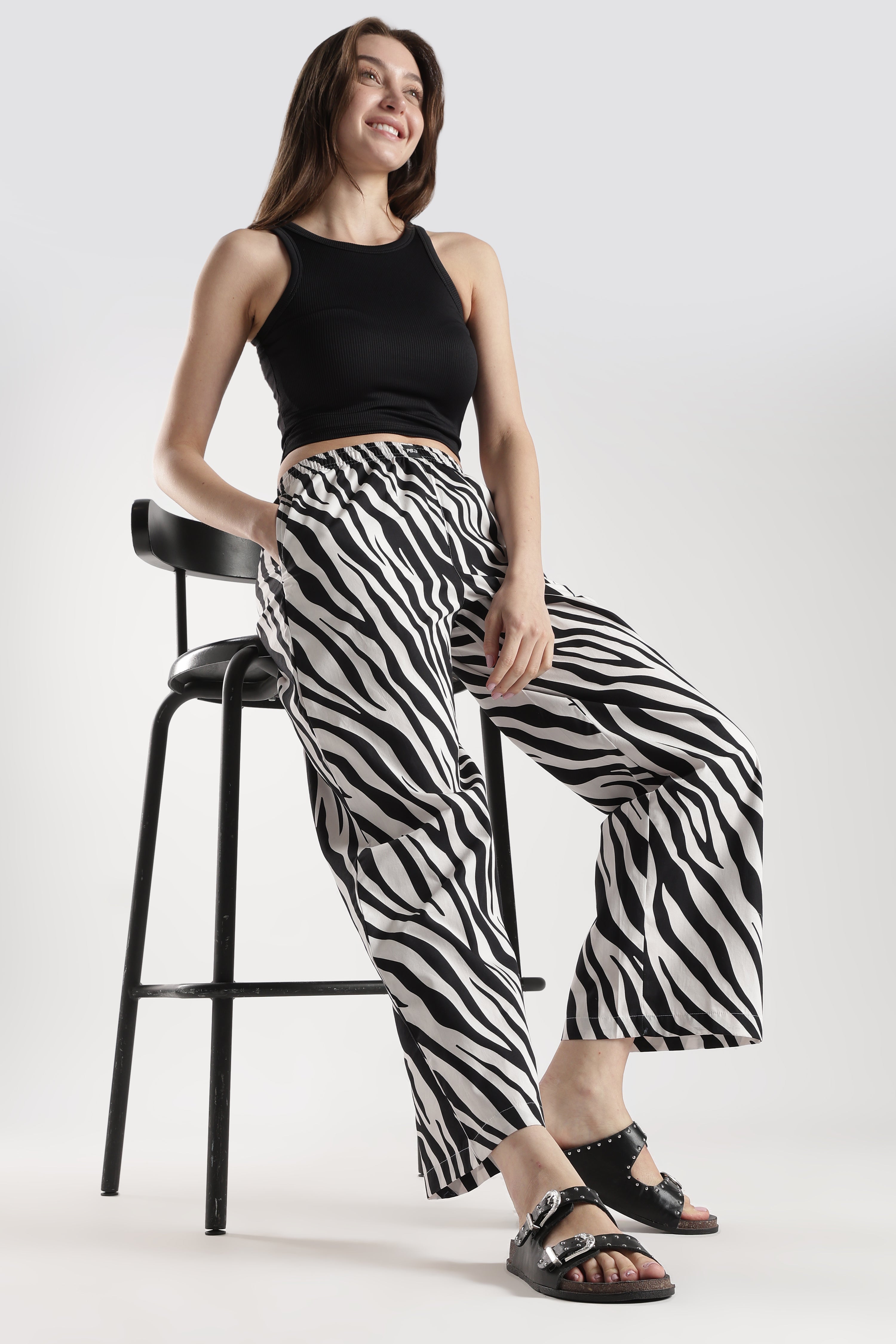 Women's White & Black Printed Wide Leg Pyjamas